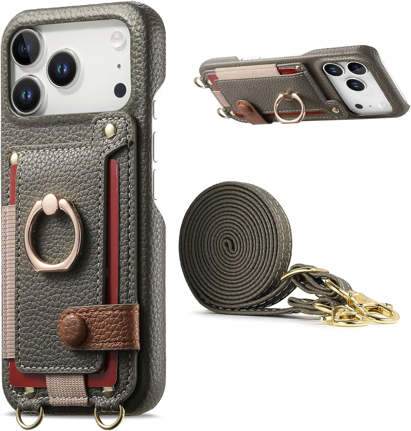 Wallet Case for iPhone 17/17 Air / 17 Pro / 17 Pro Max, Crossbody Leather Cover with Detachable Strap, 360° Rotating Ring Kickstand, Card Holder & Shockproof Protection(Gray,17 Pro)