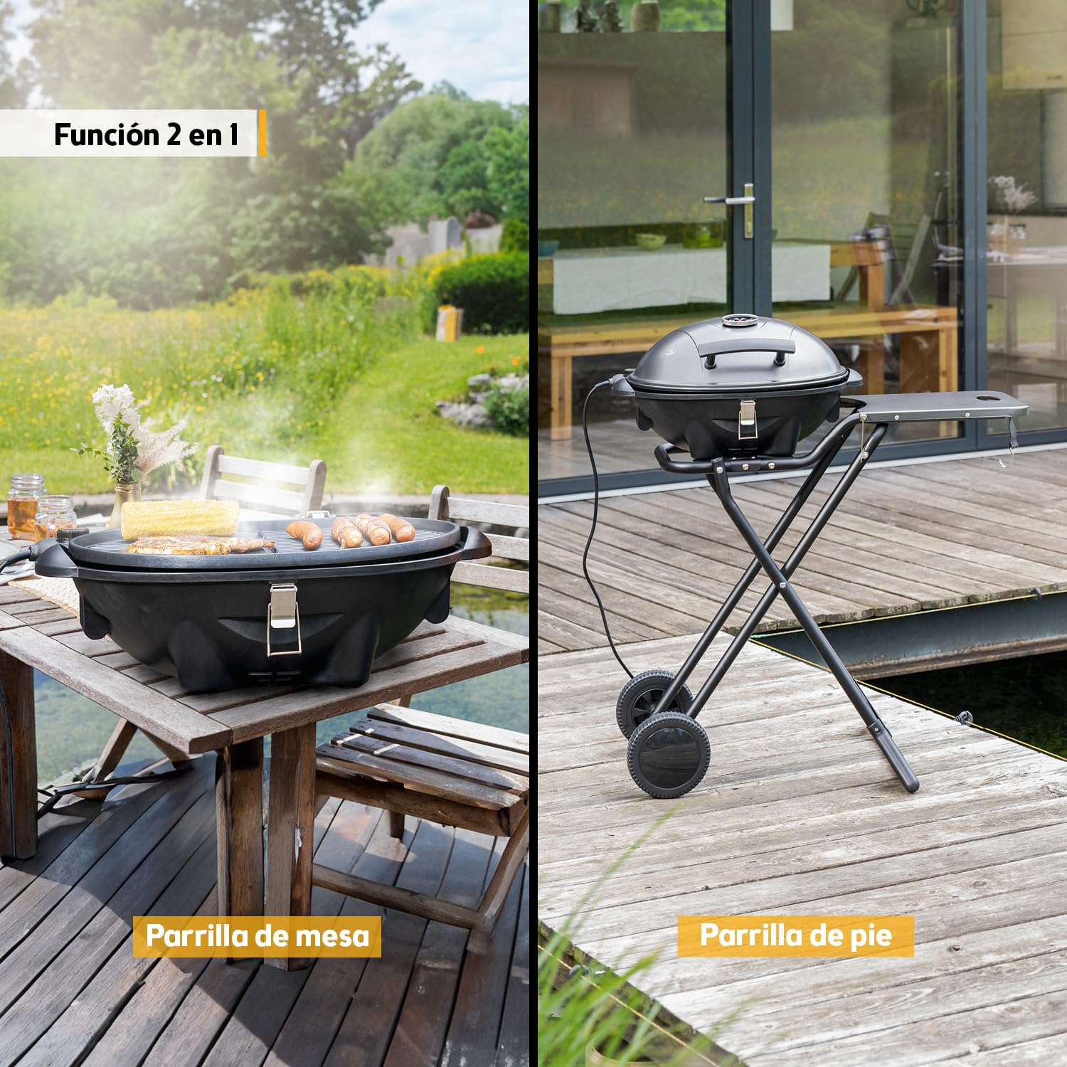 TZS First Austria - Barbacoa eléctrica 2 en 1 de mesa y suelo 2400W - BBQ plegable para balcón y terraza con tapa y carrito - Parrilla esférica con termómetro y bandeja recogegrasas