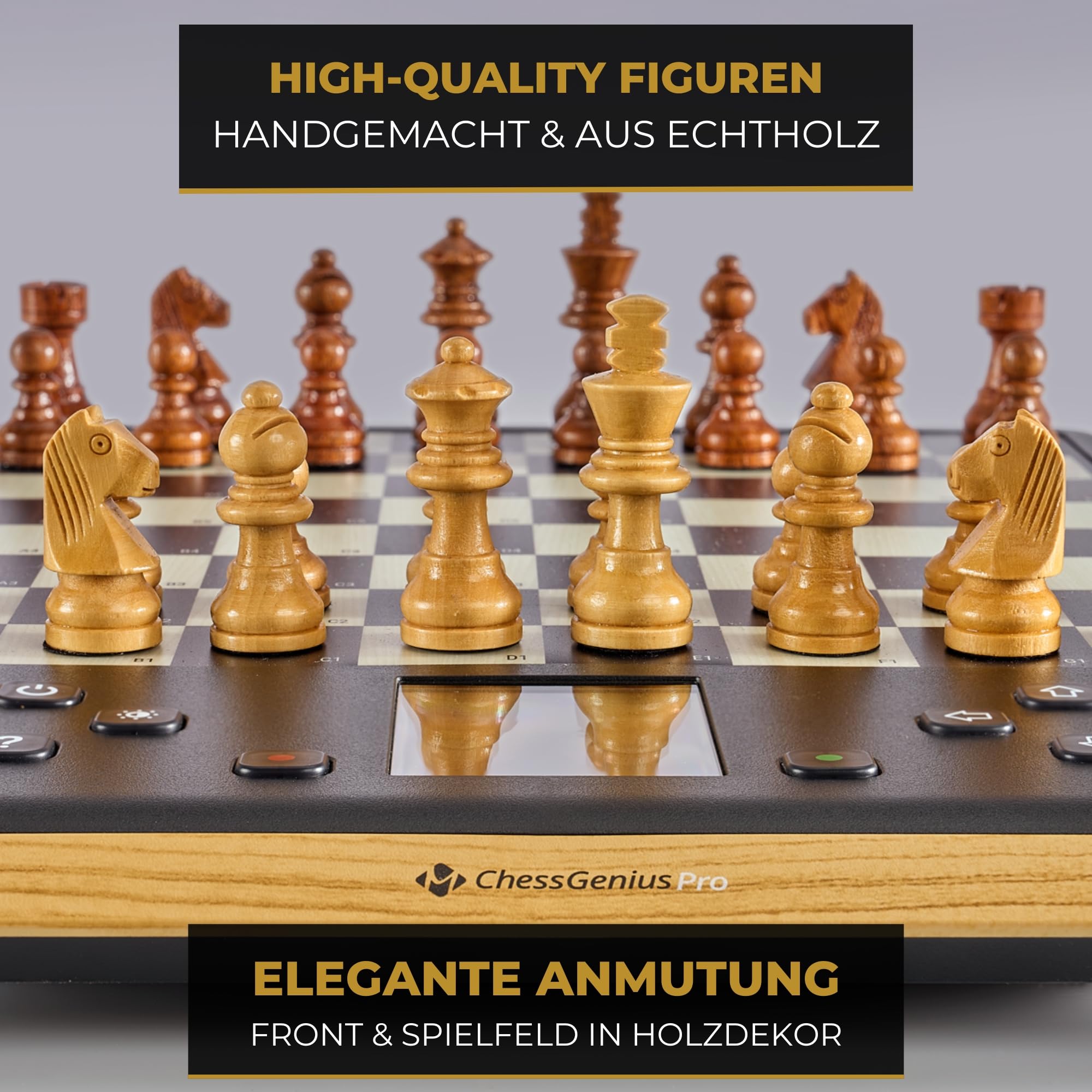 MILLENNIUM ChessGenius Pro Wood Edition Schachcomputer – Edle Holzoptik mit Echtholzfiguren, benutzerfreundliche Bedienung, mobil und vielseitig, ideal für Hobbyspieler mit KI-Lernfunktionen