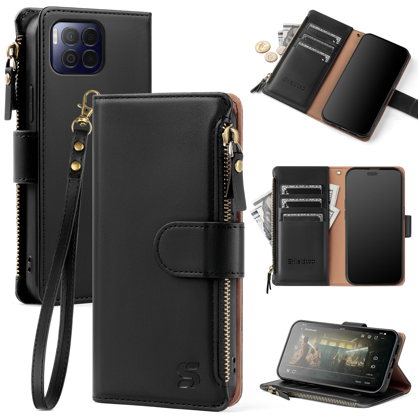 Shieldtop Compatible with T-Mobile REVVL 7 Pro 5G Wallet Case with Card Holder,Women Men RFID Blocking PU Leather Flip Cover Wrist Strap Zipper Credit