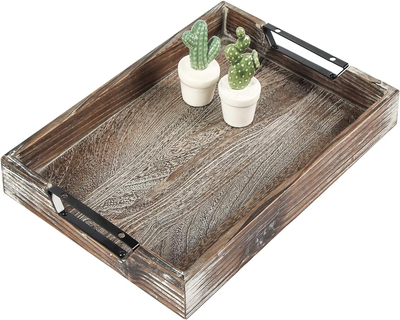 J JACKCUBE DESIGN Rustic Wood Serving Tray, Decorative Antique Large Wooden Serving Trays for Breakfast, Coffee, Tea, Ottoman Table Decor Accessories with Strong Black Metal Handles- MK526A
