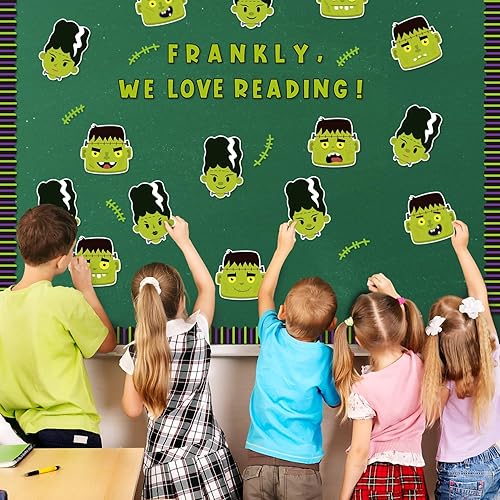 Miniatura 5 de Haooryx Juego de 118 tablones de anuncios con texto en inglés «Frankly We Love Reading» para decoración de aula, recortes de personajes de monstruo
