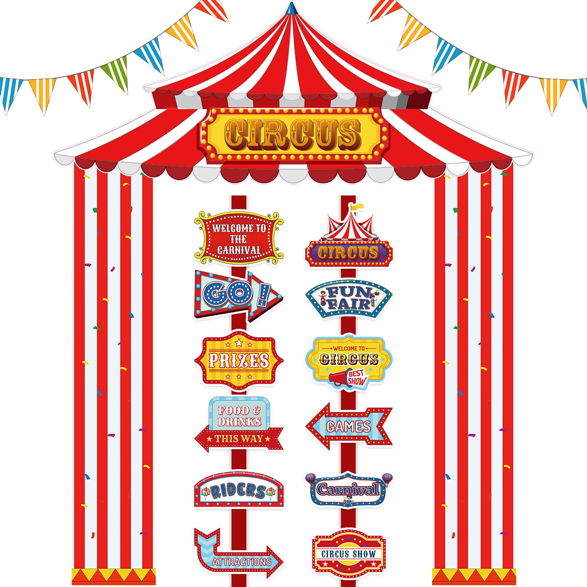 Tlswshsy 17PCS Circus Tent Decorations Set, Circus Door Banner with Awning and Directional Signs, Red and White Circus Welcome Supplies for Circus