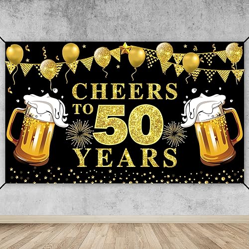 Lnlofen Cartel de fondo con texto en inglés "Cheers to 50 Years", decoraciones de feliz cumpleaños 50 en color negro y dorado, cartel de 50