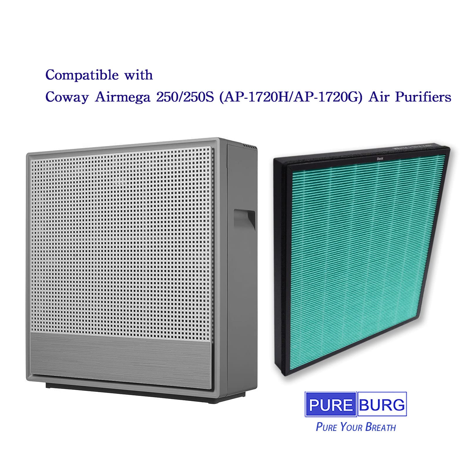 PUREBURG filtre de rechange compatible Coway Airmega 250/250S H13 charbon actif 2 en 1