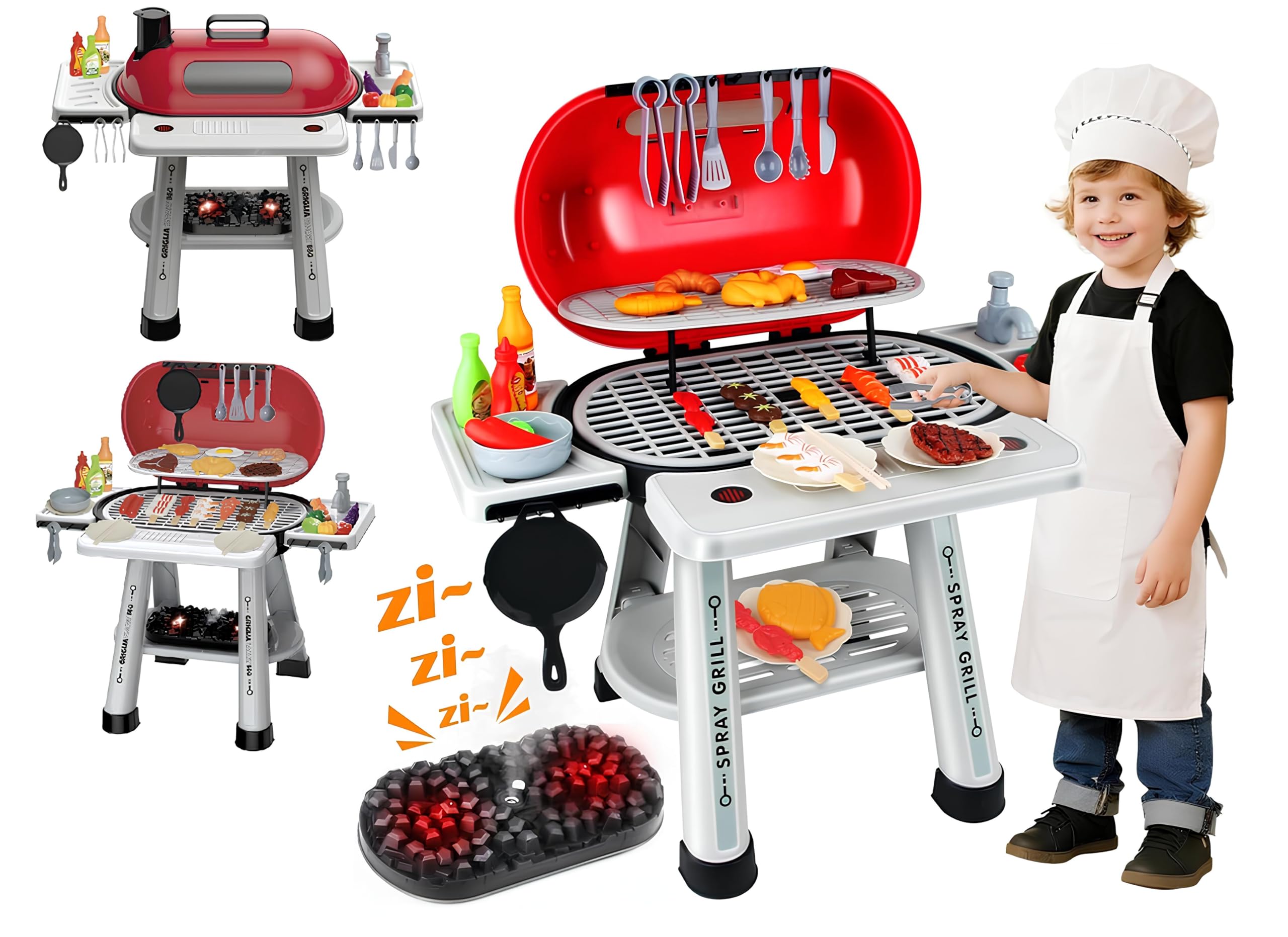 Barbecue Giocattolo Grill con Effetto Fumo Luci Suoni Realistici di Cottura Rubinetto Funzionante ad Acqua Griglia BBQ Barbeque da Cucina con Fumo Grill per Bambini con Accessori Cibo da Grigliare (A)