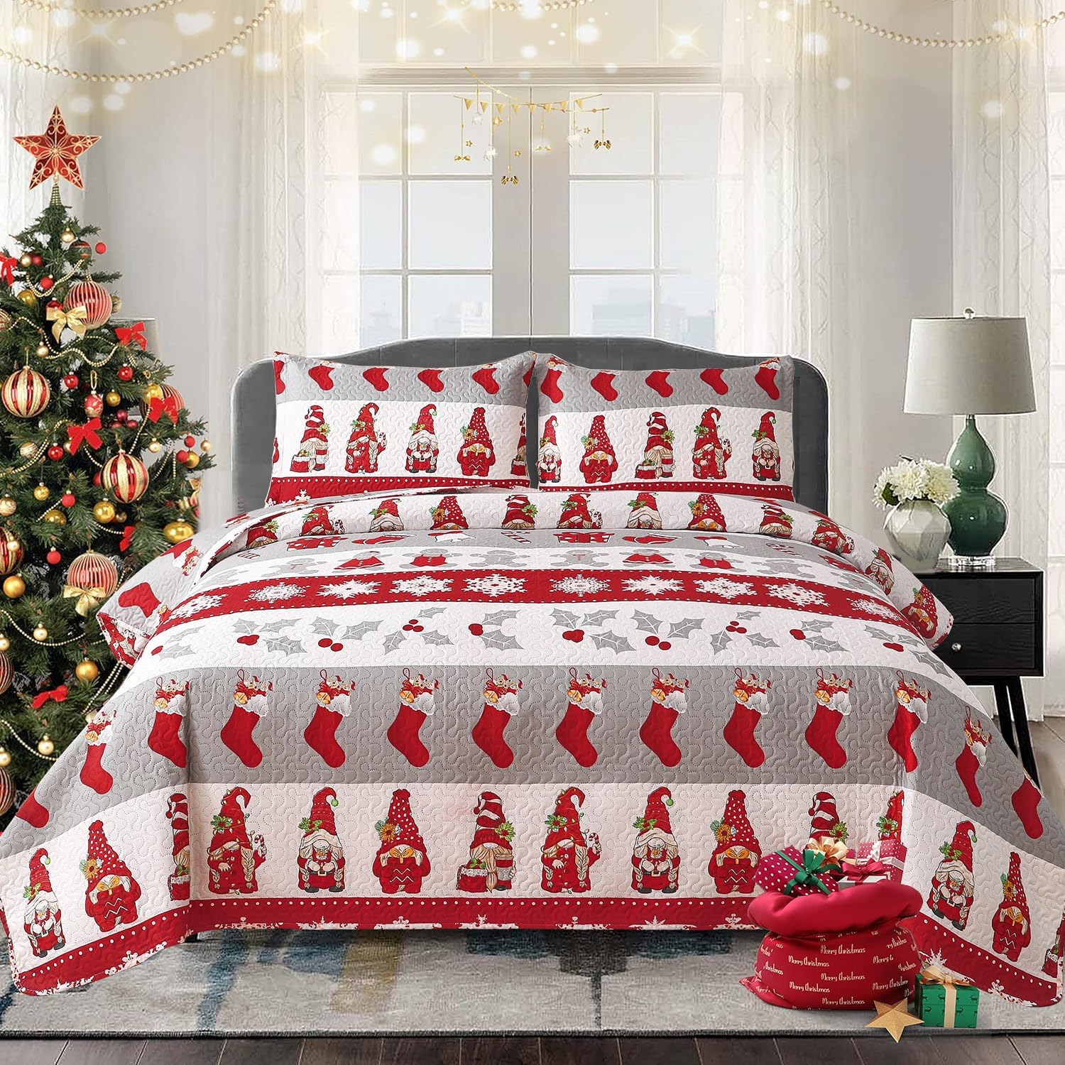 Jarson Christmas Quilt Set Twin Size 3-Piece Xmas Bedspread Reversible Coverlet Santa Snowman Deer Pattern for New Year Bed Decor, Lightweight Bed Cover(1 Quilt + 2 Pillow Shams, Red White Gray)