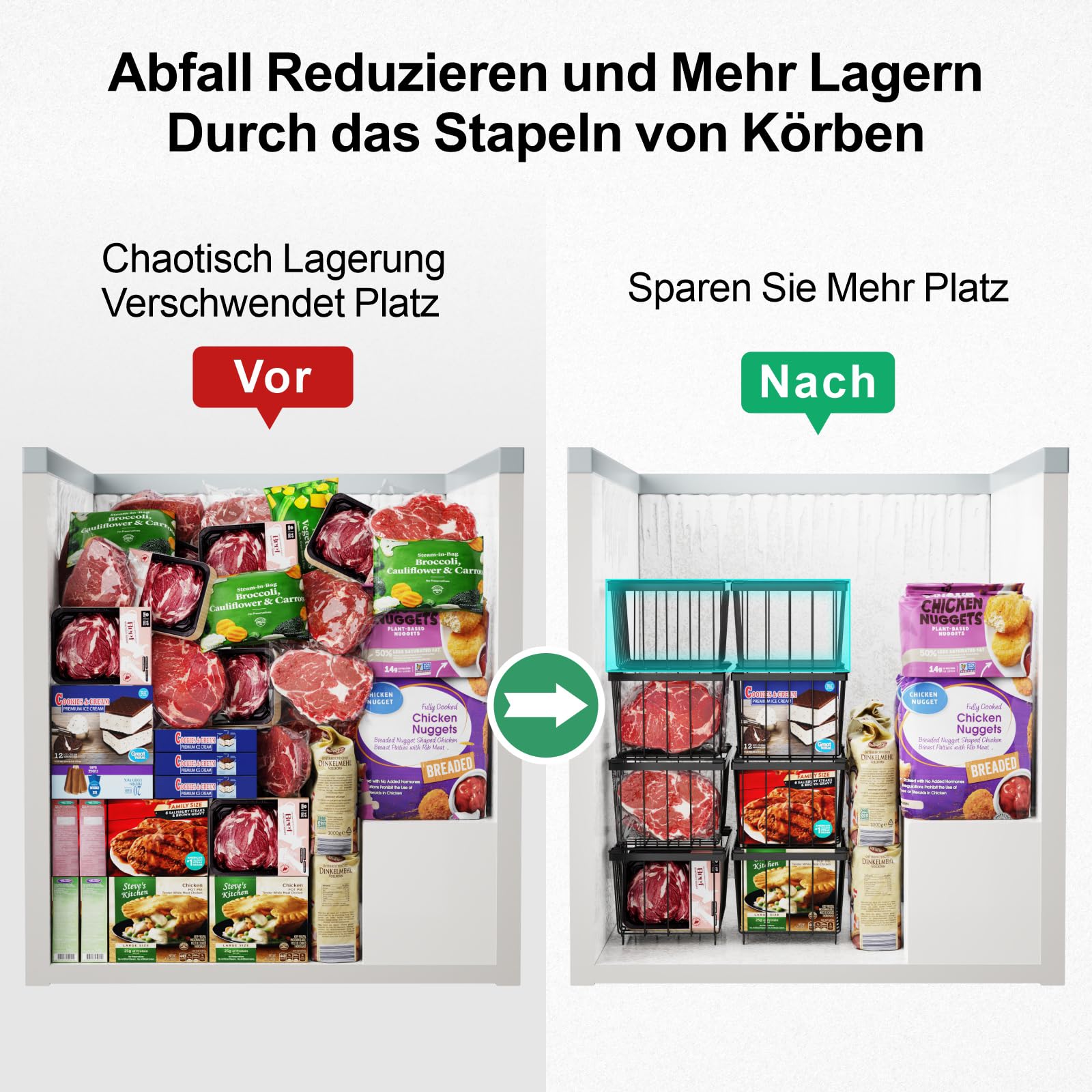 iSPECLE Gefrierkörbe – 4er Stapelbar Gefrierschrank Organizer für 198L Gefriertruhen Einfacher Zugriff auf Tiefkühlkost Platz Sparen Gefrierbehälter Mit Griffen Leicht zu Bewegen, Schwarz
