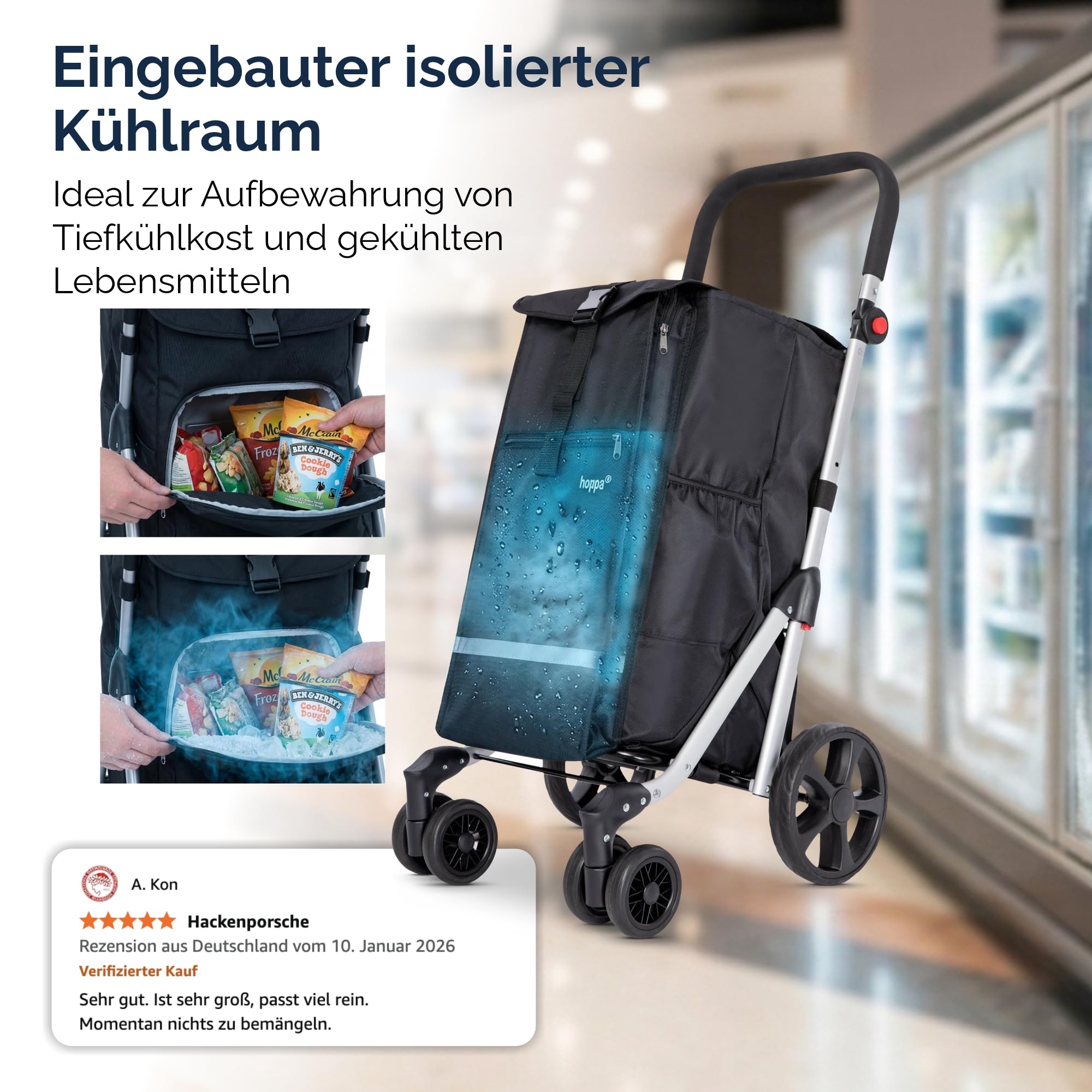 Hoppa 74L Klappbarer Einkaufstrolley, 6 Räder, Push/Pull | Große Kapazität, 6 Räder, 5 Taschen, Robust & Wasserdicht, Leicht, Klappbar, Für täglichen Gebrauch, Einkaufswagen