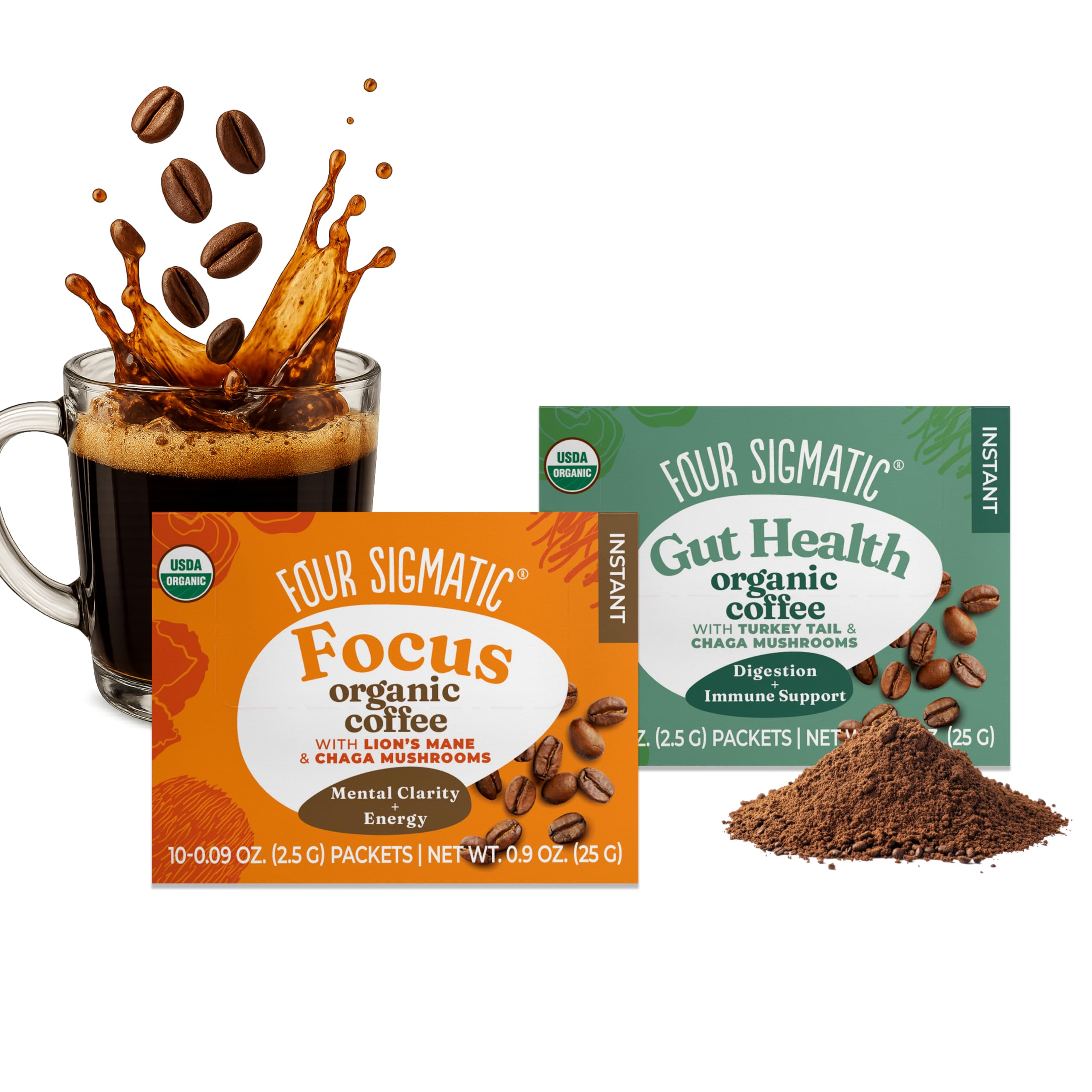 Four Sigmatic Café instantâneo com cogumelos Lion's Mane, Chaga e Cordyceps, 50 mg de cafeína por porção, 2 caixas