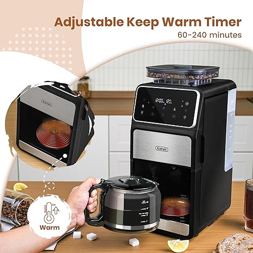 Miniatura 5 de Gevi Cafetera para moler y preparar 10 tazas con molinillo de rebabas integrado, pantalla táctil programable, mantiene el calor de 4 horas, filtro