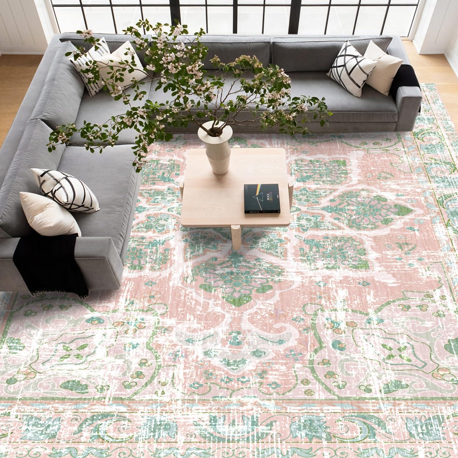 Tapis bohème vintage lavable à motif floral pour salon, chambre à coucher, salle à manger, entrée, 160 x 200 cm, rose poudré neutre et vert