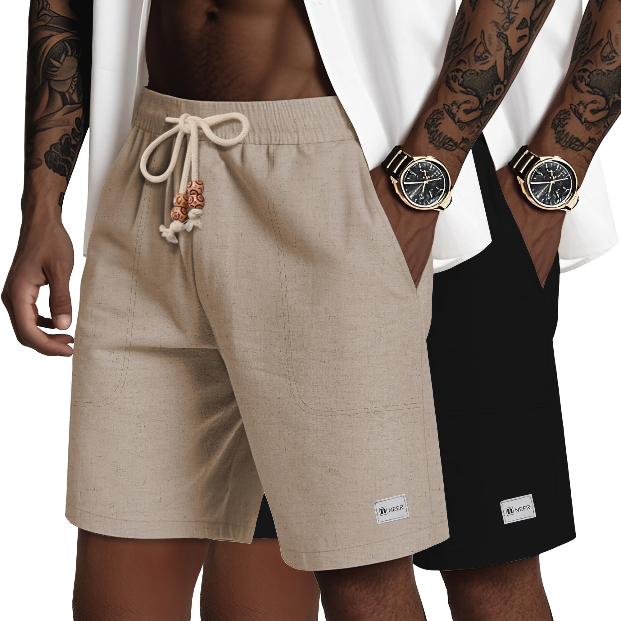 Neer 2 Pack Men's Linen Casual Shorts Elastic Waist Drawstring with Pockets Baggy Short Stretch Summer Athletic Beach Pants