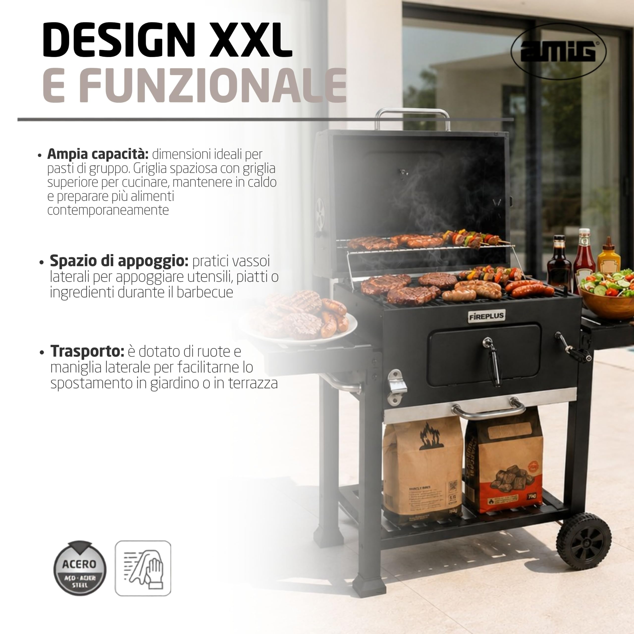Amig - Barbecue portatile a carbone Fireplus - Con ruote e ripiani laterali - Sistema di ventilazione e cassetto raccogli cenere - Griglia in acciaio 57 x 42 cm - Dimensioni: 116,5 x 13,1 x 56 cm