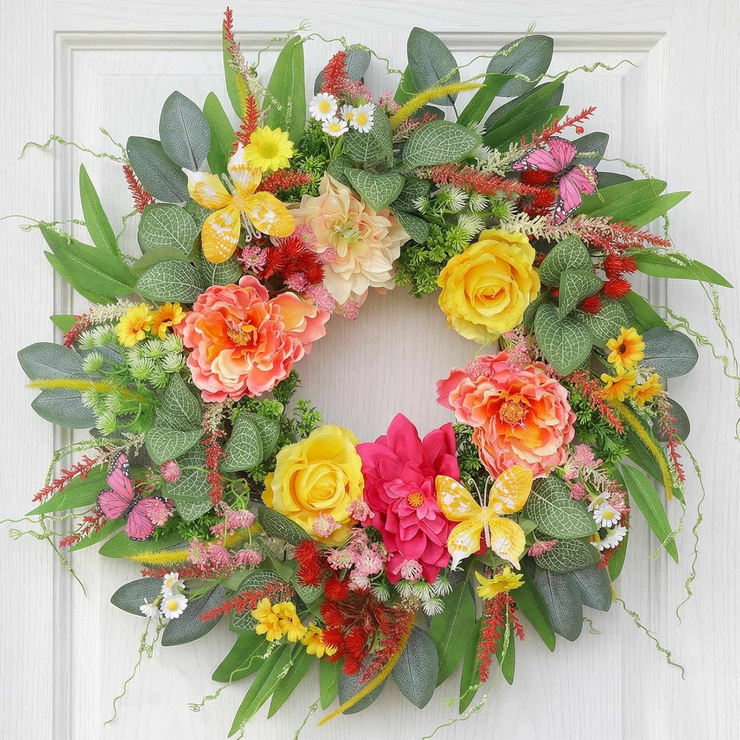 ChrisXiao Spring Wreaths for Front Door 24 Inch Artificial Butterfly Wreath with Butterfly, Peony, Dahlia,for Porch, Entryway, Mantel, Wall, Patio & Decor Year Round Indoor Outdoor for Summer Wreath