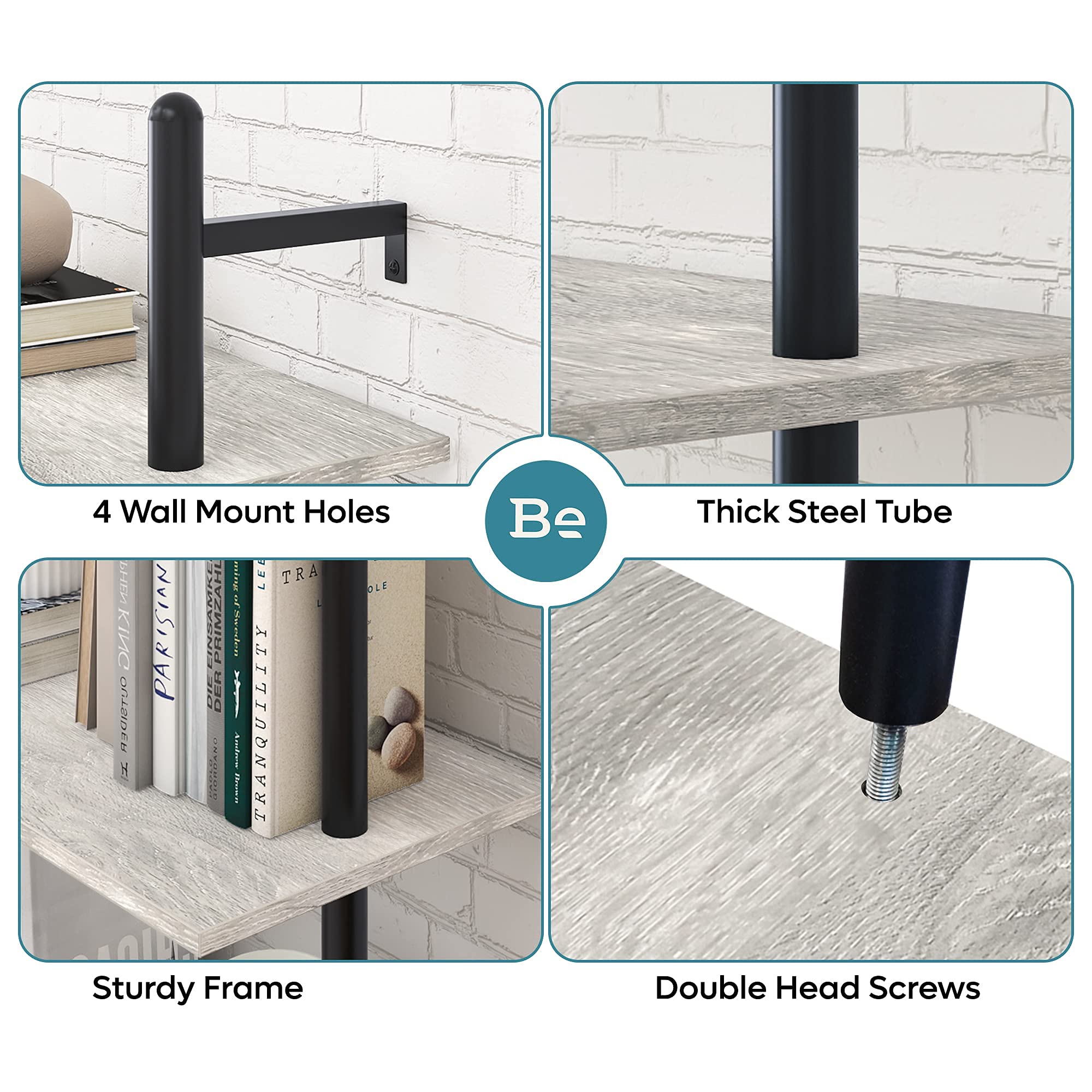 Bestier 70" Industrial Wall-Mounted Ladder Shelf 5 Tier Bookshelf with Storage Organizer Plant Flower Display Stand Round Tube Bookcase Rack with 2 Hooks for Home Office, Gray