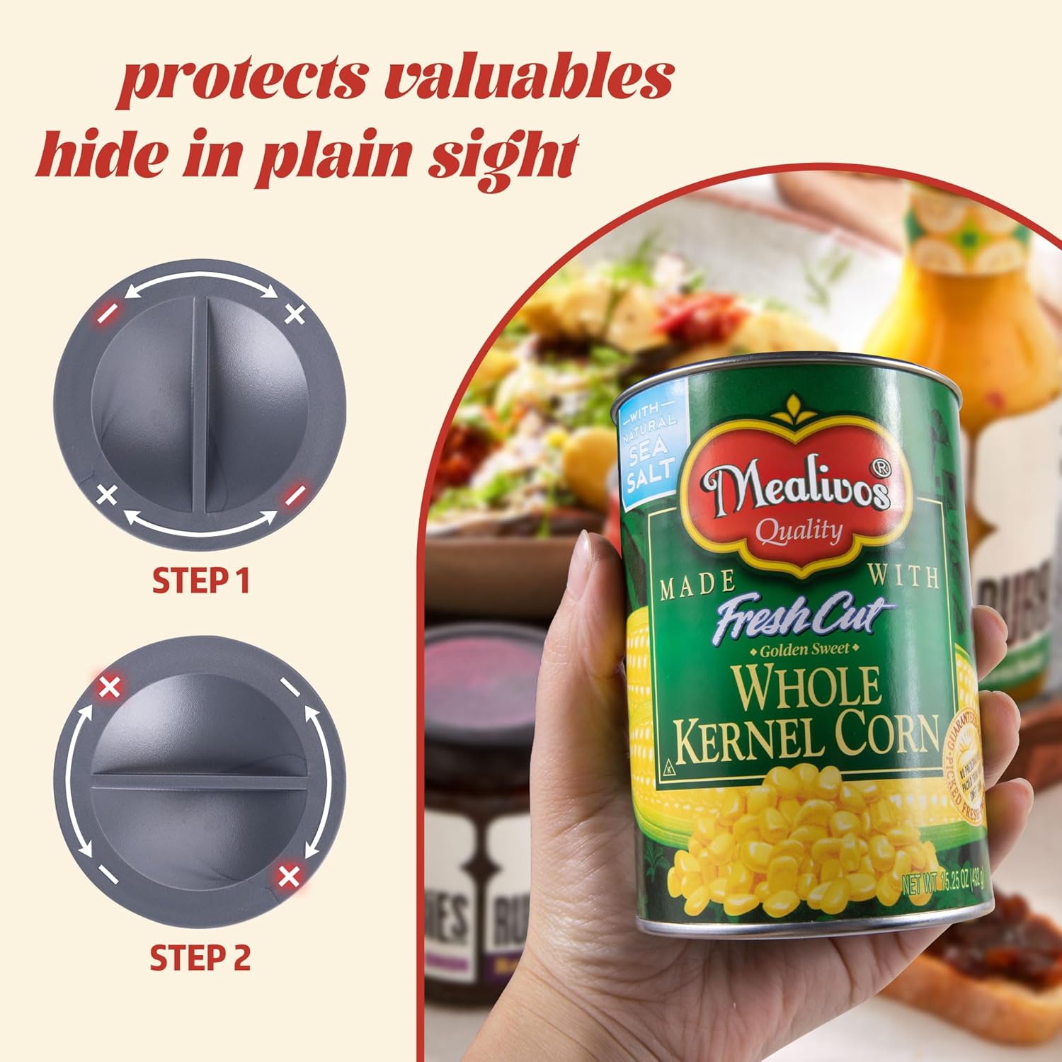 Fake Can Diversion Safe, Perfect for Hiding Storage Key, Cash, Jewelry, Card, Coins-Keep Your Valuables Safe(Corn, Grey)