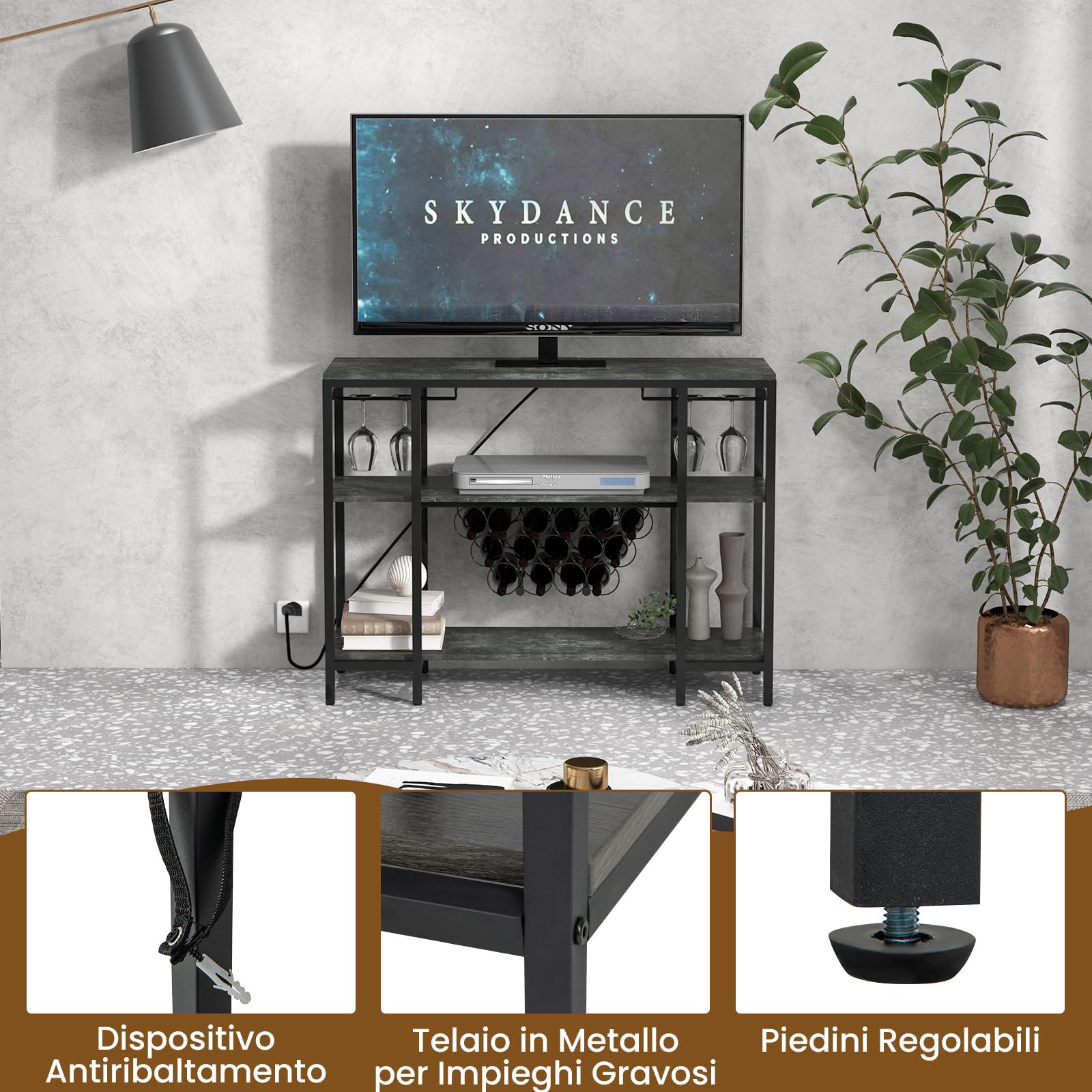 GYMAX Mobile Portabottiglie di Vino a 3 Livelli con Prese, Tavolo da Bar per Liquori con Porta Calici, Struttura in Metallo, Tavolo Console per Soggiorno, Cucina e Sala da Pranzo (GRIGIO SCURO)