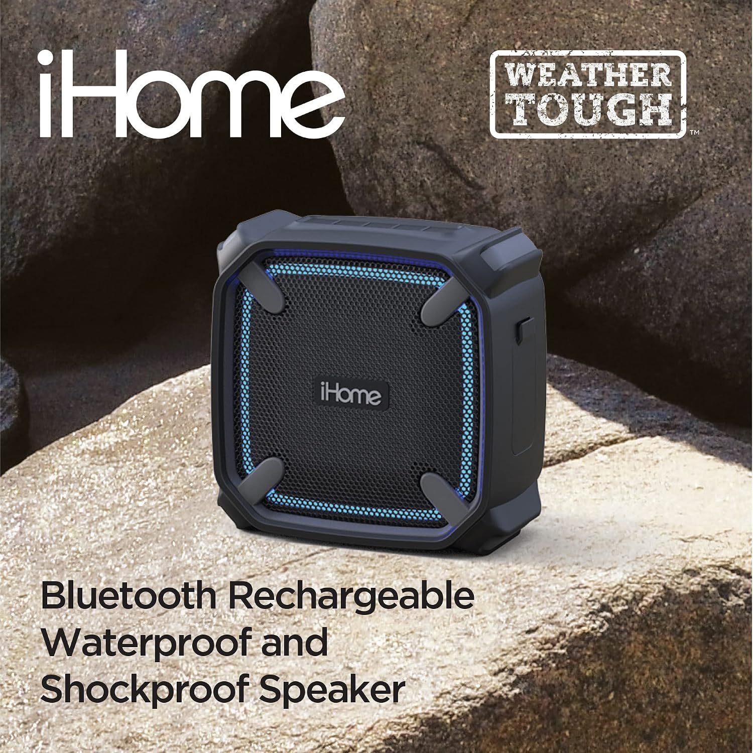 iHome Waterproof Bluetooth Speaker with Color Changing Lights, iP67 Certified Portable Speaker Ideal for The Pool, Beach, Hiking, Kayaking (IBT371BGC)