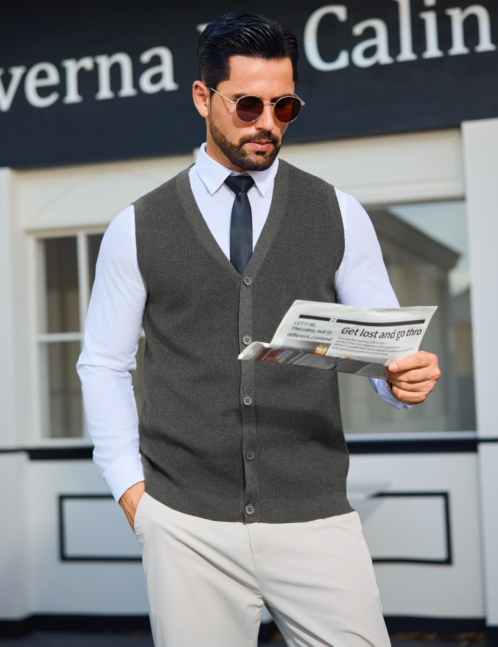 Sykooria Chaleco de Punto con Cuello en V Sin Mangas para Hombre Suéter Tejido Ligero y Elegante con Botones S-XXL