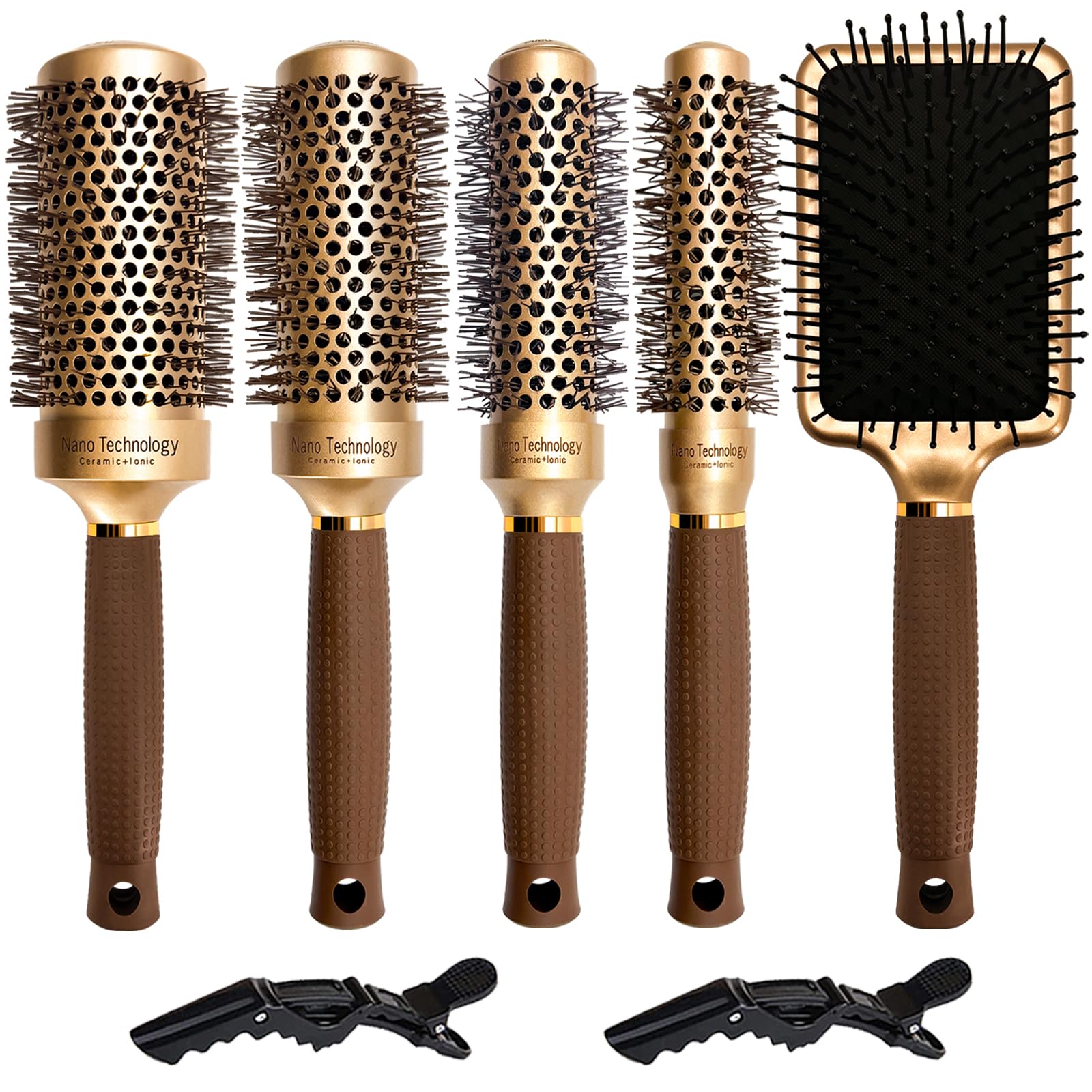Round Brush Set for Blow Drying- 5 in 1 Round Brush & Paddle Brush Kit with Section Clips - Nano Ceramic Ionic Barrel - Styling, Curling, Smoothing for All Hair Types