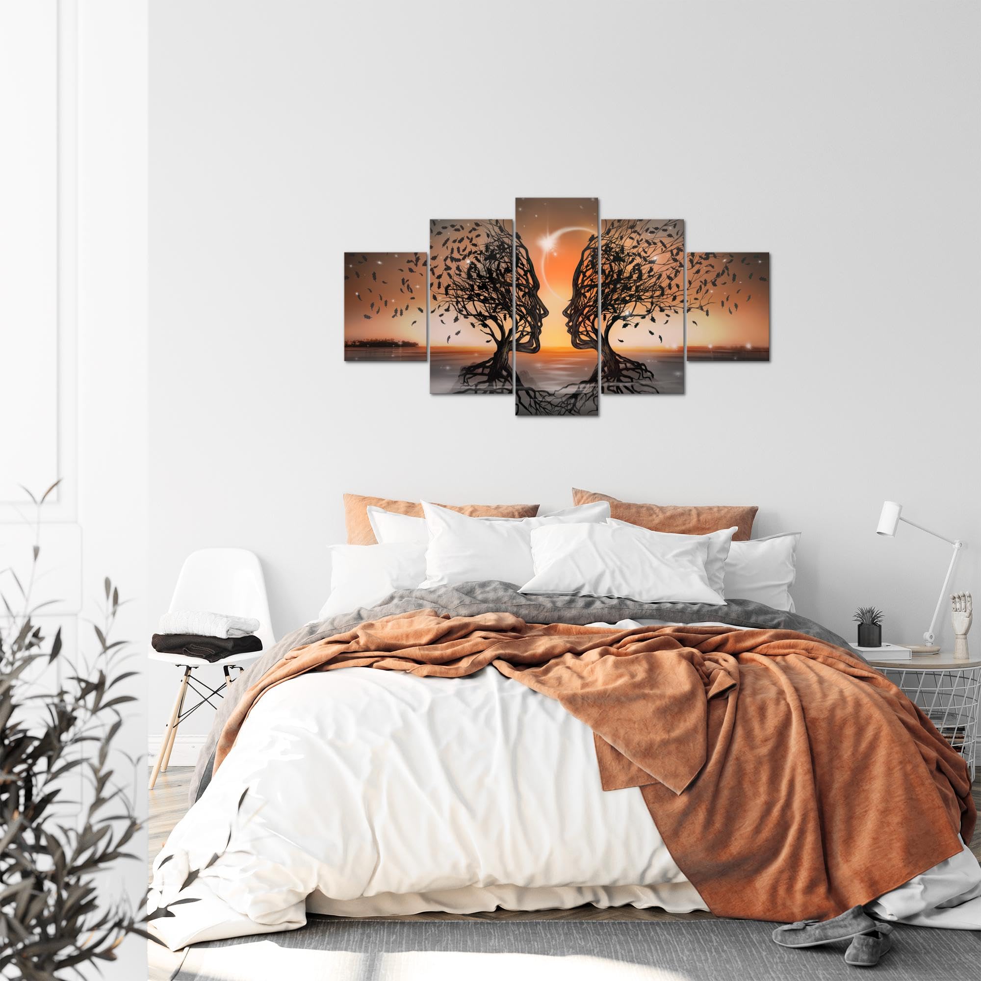 Runa Art Couple d'amoureux Tableau Murale Impression sur Toile Intissee 5 Parties Abstrait Arbre Orange Chambre Salle 044853c