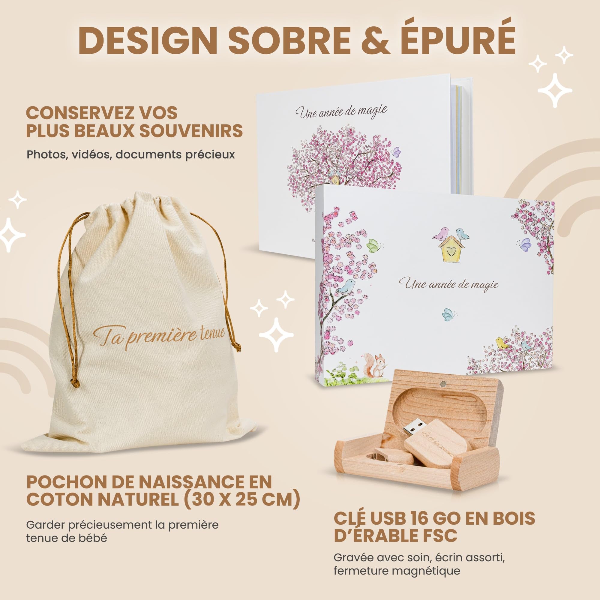 Livre de naissance bébé avec Clé Usb pour les souvenirs numérique et Pochon pour la 1ère tenue- Album Photo Bebe 116 pages pour coller vos photos et écrire - Idéal Cadeau naissance fille et garçon