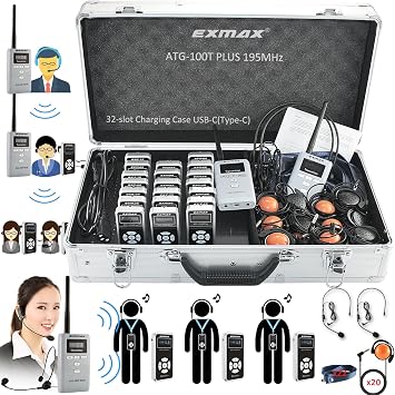 EXMAX ATG-100T PLUS 195MHz Wireless Tour Guide System Audio Transmission for Translation Services in Our Church Court Interpreting City Museum Tour2 Transmitters 20 Receivers 32slot Charge Case USBC
