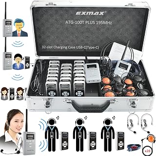 EXMAX ATG-100T PLUS 195MHz Wireless Tour Guide System Audio Transmission for Translation Services in Our Church Court Interpreting City Museum Tour(2 Transmitters 20 Receivers 32slot Charge Case USBC)