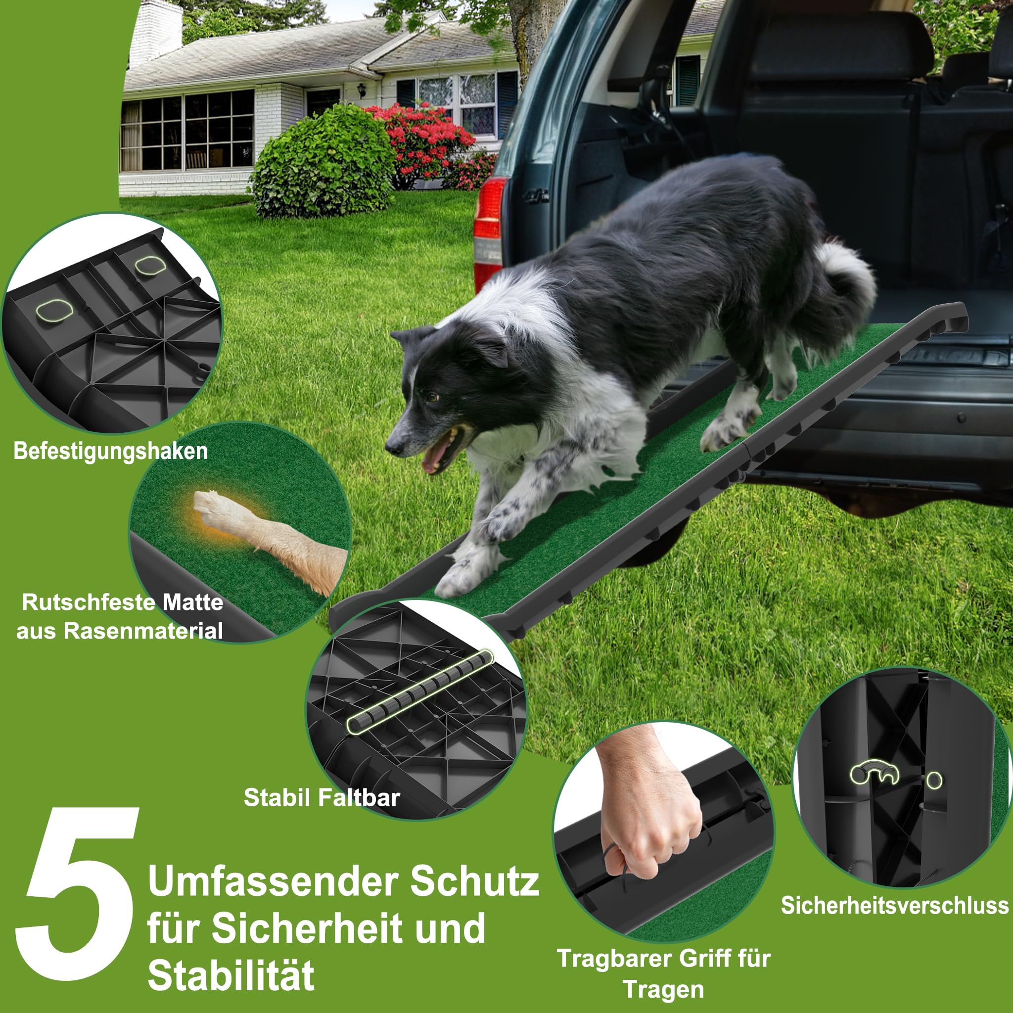 YRHome Hunderampe Auto klappbar 156 x 40cm Kunststoff Anti-Rutsch Autorampe Kofferraumrampe für Haustiere Hunde-Rampe Hundetreppe Einstiegshilfe für Kofferraum Robust bis 90 kg Grün