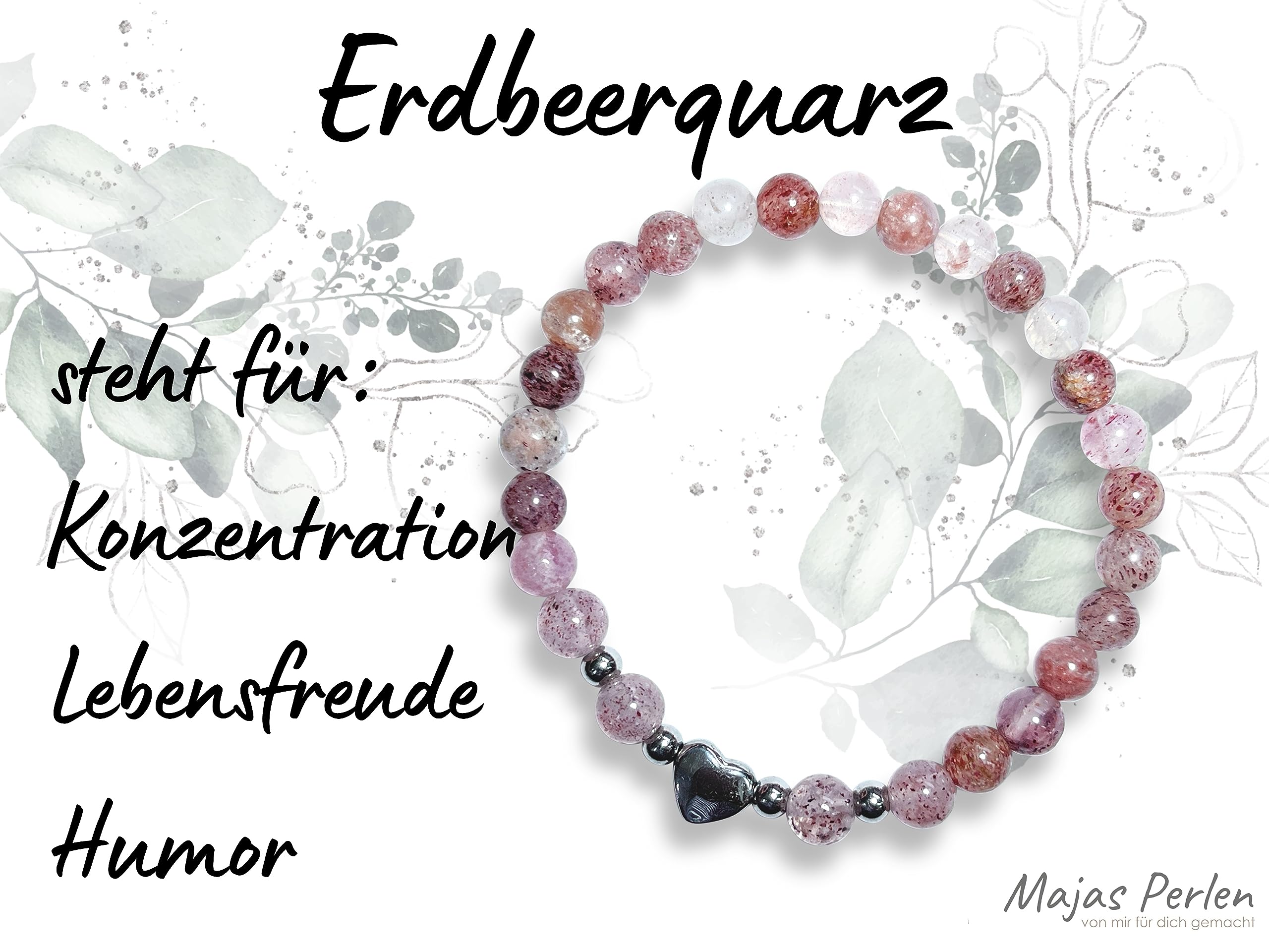 Erdbeerquarz Armband Perlen echt 6mm Herz Edelstahl Silber Gold Roségold oder Ionisiert - Handmade Perlenarmband Konzentration Lebensfreude Humor - Spiritueller Schmuck Damen Mädchen