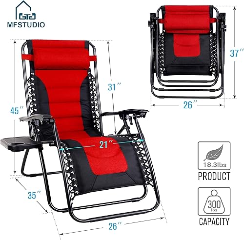 Miniatura 3 de MFSTUDIO Zero Gravity - Silla reclinable grande para patio, silla plegable acolchada ajustable con soporte para tazas para piscina, patio al aire