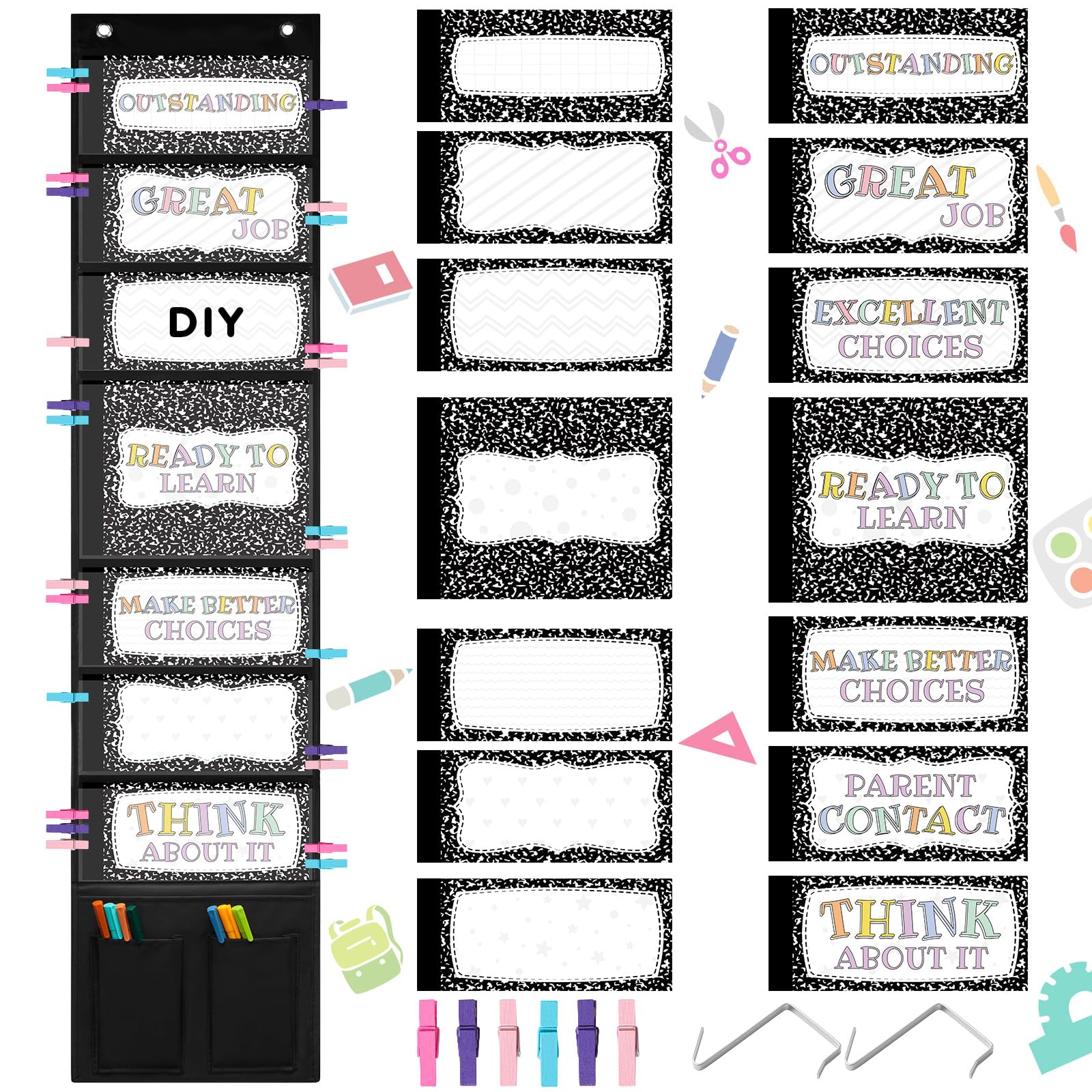 Eersida 49 Pcs Composition Student Behavior Clip Chart for Classroom Management Kid Track Reward Incentive Behavior Pocket Chart Bulletin Board Back to School Supplies for Preschool Daycare Homeschool