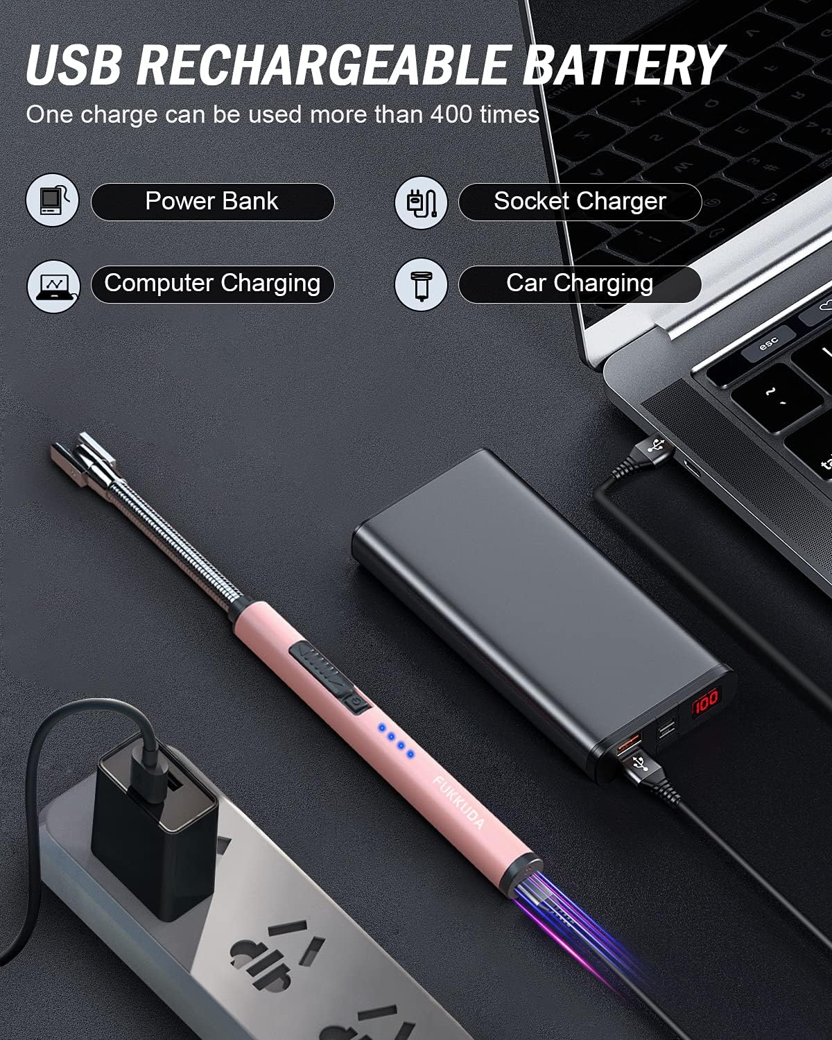 Candle Lighter Electric Arc Lighter with USB Rechargeable Battery Plasma Flameless & Windproof Lighters Double Safety Switch (Rose Gold) : Sports & Outdoors