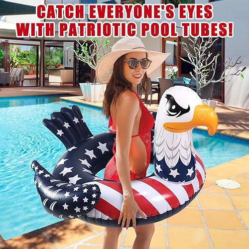 Miniatura 5 de Flotadores inflables de piscina de águila, flotadores grandes para el 4 de julio, anillos de tubo de natación, diseño de bandera estadounidense,