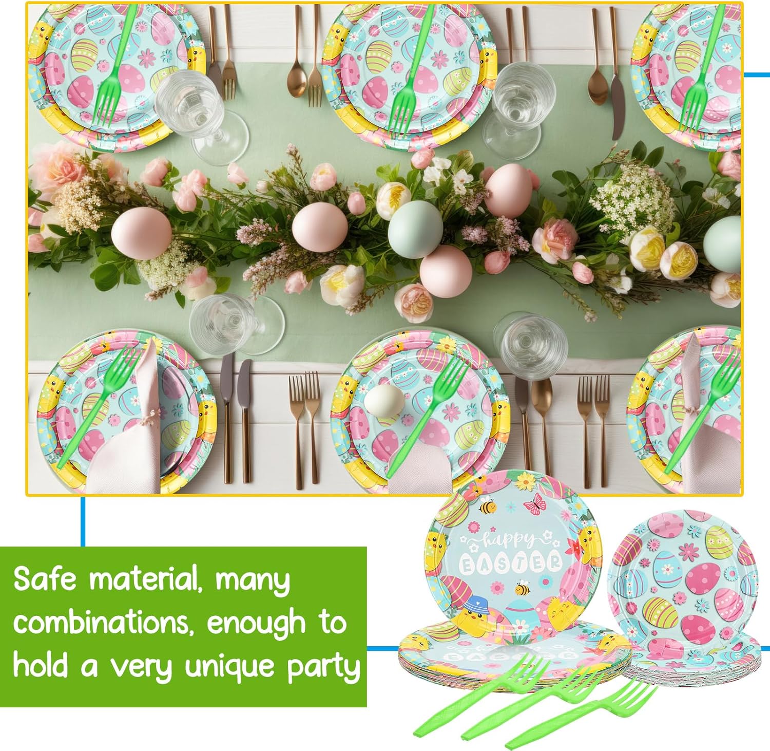 SiliFine 96 Pcs Easter Plates and Napkins Disposable Dinnerware Supplies for 24 Guests, Paper Tableware Include 9" Dinner Plates, 7" Dessert Plates, Napkins, Forks for Easter Spring Party (Egg)