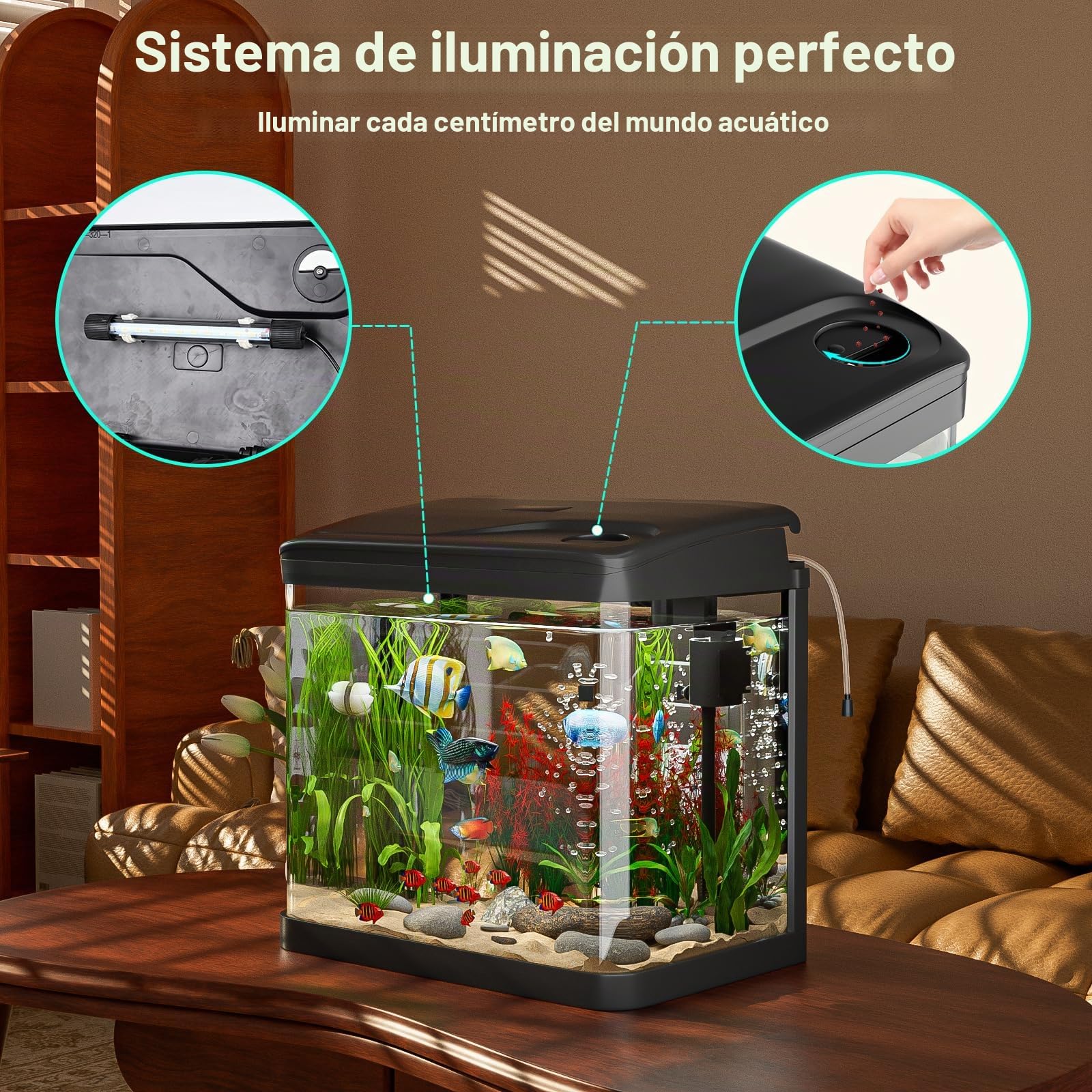 Acuario de Cristal, GuKKK Acuarios y Peceras Completas,Pecera con Sistema de Filtrado Integrado e Iluminación LED,Bajo Ruido y Silencioso,Acuarios de Iniciación, Negro (15L-2)