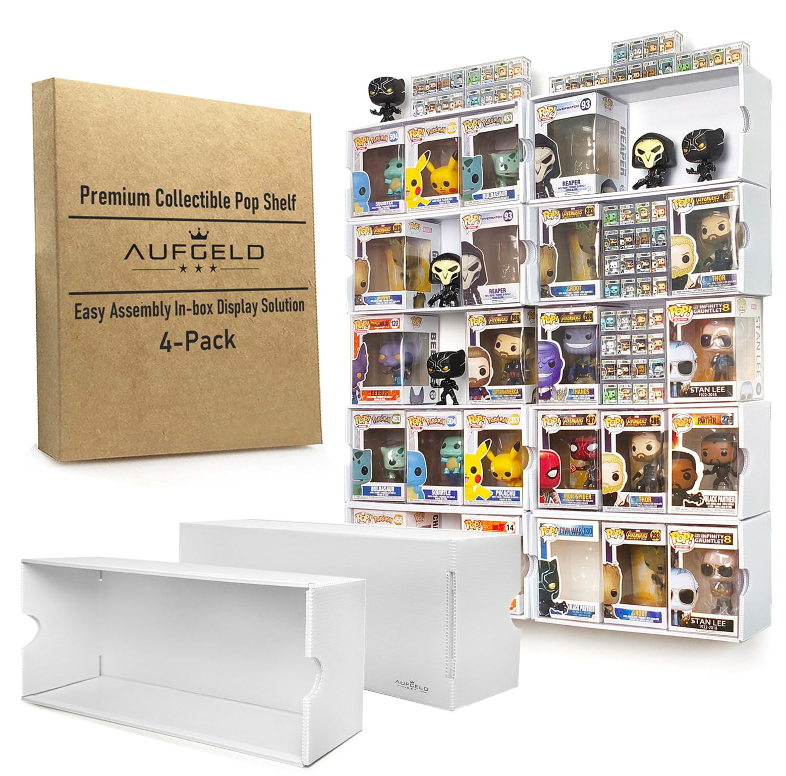AUFGELD Display Case for 4‘’ Funko Pops, Organizer Shelf for Pops in Protective Sleeves, Stackable Pop Storage, Wallmountable Action Figure Display