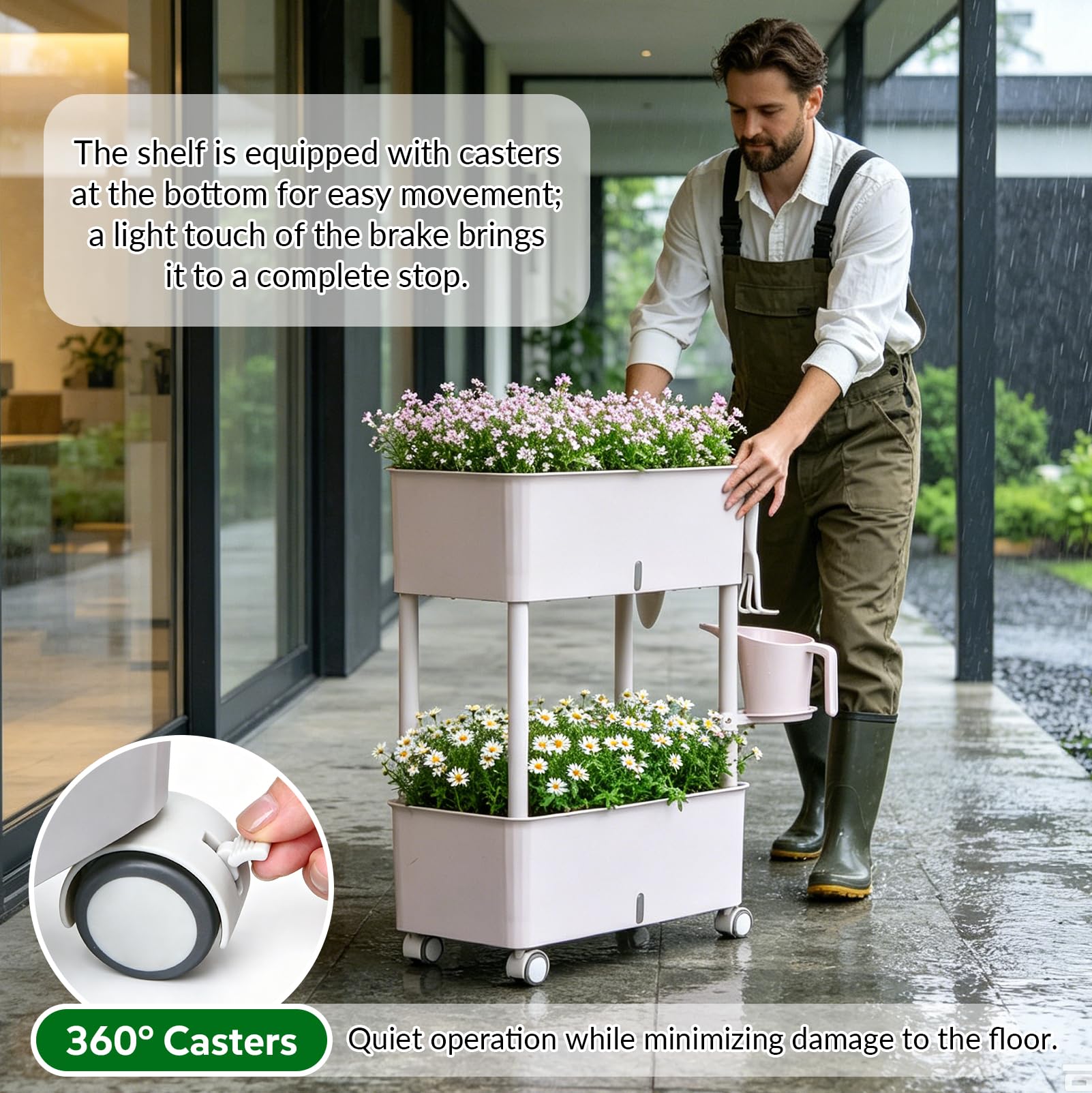 Jardinière surélevée avec roues - Jardinière à 3 étages - En plastique | 118,5 x 46,6 x 25,5 cm, étagère, jardinière avec crochet et roulettes, pour balcon, jardin, terrasse