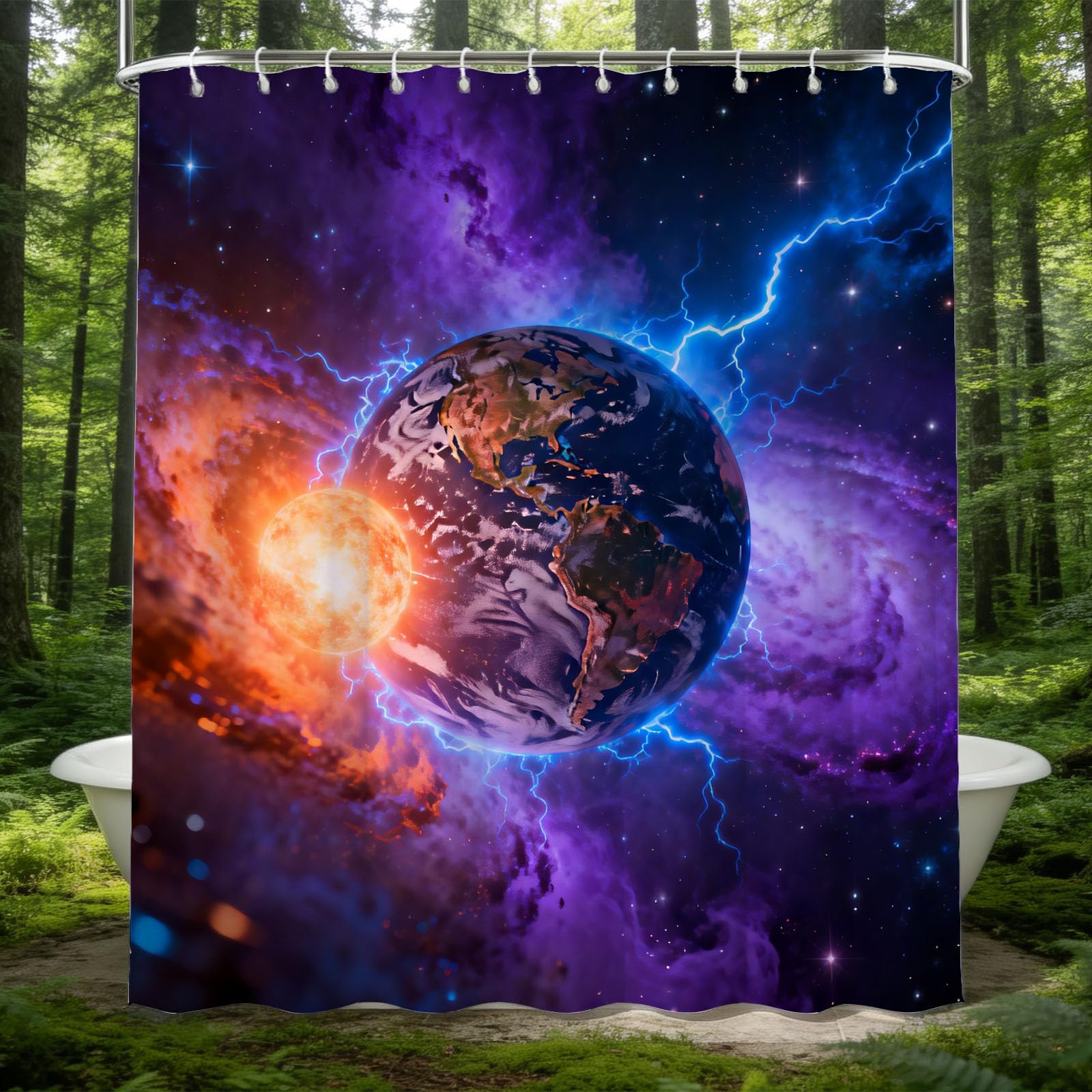 Hongduo 3D Planet Earth Shower Curtain for Stalls Bathtubs Planetary Universe Bathroom Decor Shower Curtain Set Polyester Fabric Waterproof 200x200cm/79X79 Inch with Hooks