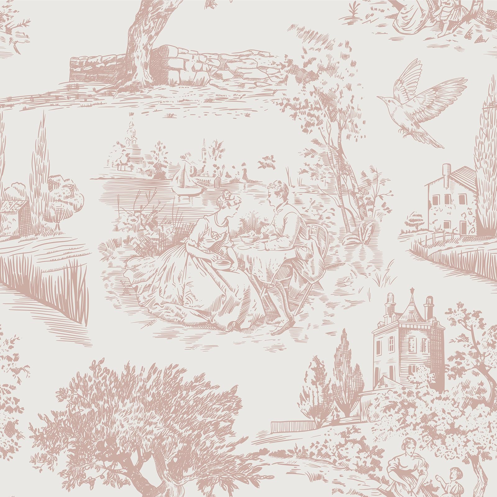 FunStick 44.5CMx9M Papel Pintado Rosa y Gris Papel Adhesivo Pared Baño Hojas Árboles Impermeable Revestimiento Muebles Armario Blanco Gris Castillo Jardín Vintage Vinilo Adhesivo Flores y Pájaros