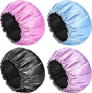 Aquior Shower Cap, 4-Pack Bathing Reusable Shower Caps for Long Hair Women, Double Layers Premium Sumptuous Silky Waterproof Shower Cap Extra Large