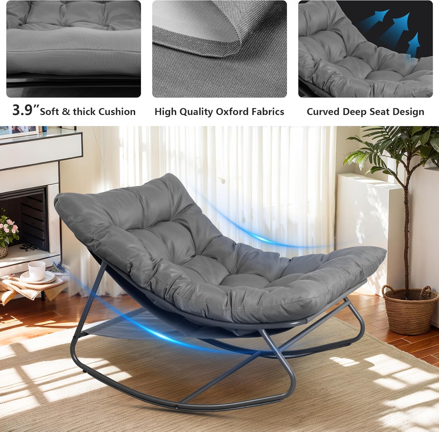 Outdoor & Indoor Oversized Rocking Chairs Set of 2, Modern Metal Lounge Rocking Chair with Thick Cushions, High Back Rocker Chair Set for Living Room, Patio, Porch, Garden, Backyard