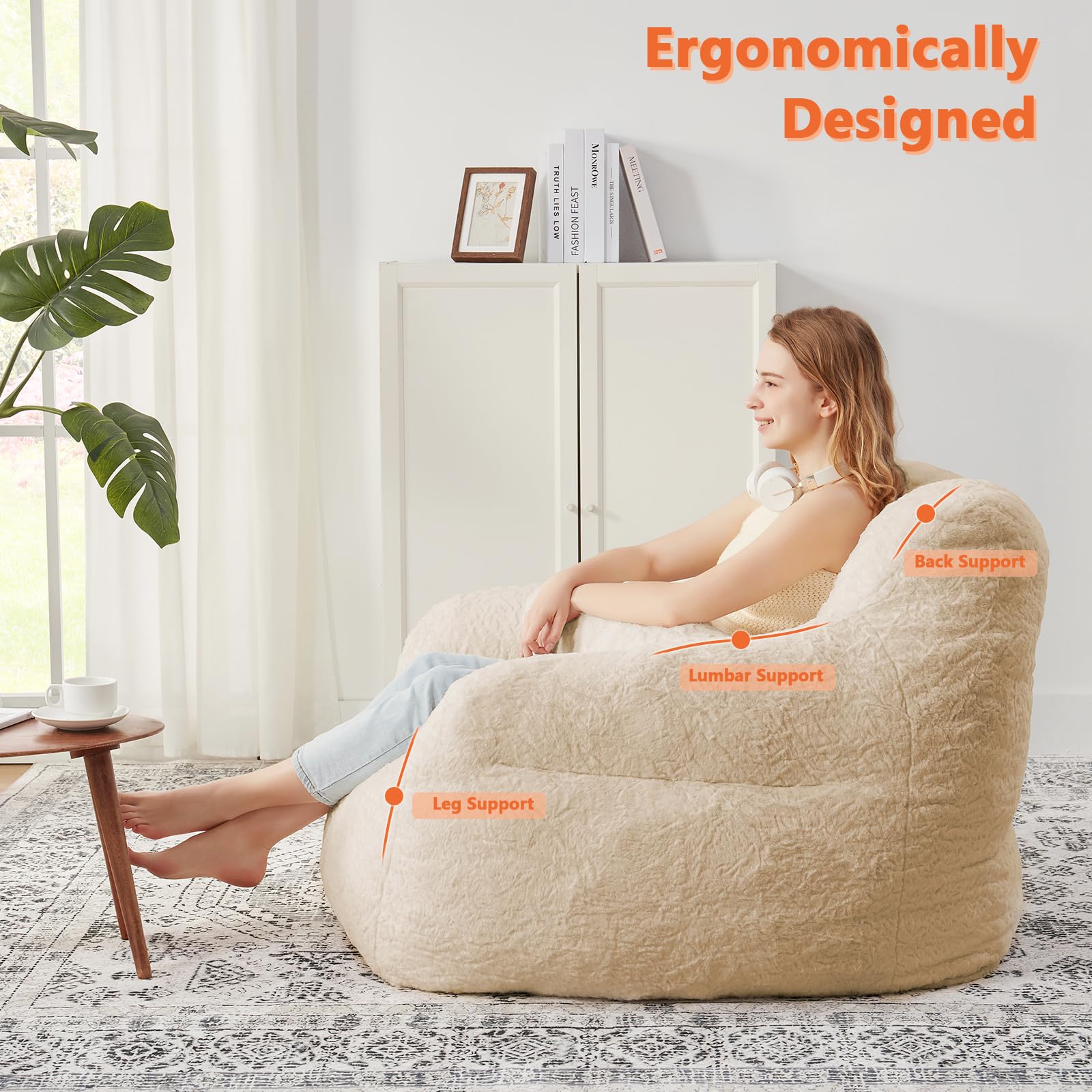 Giant Bean Bag Chairs for Adults with Filling Comfy Large Bean Bag Sofa Chair with Armrest Plush Soft BeanBag Lazy Couch Sofa Chairs Lounge Chairs Indoor with Pillow for Bedroom Living Room, Apricot