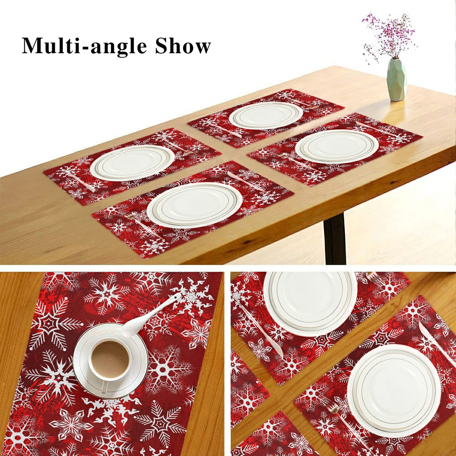 6 Weihnachtliche Tischsets – Rutschfest, Waschbar, 30,5x45,7 Cm, Mit Schneeflocken & Stechpalmen