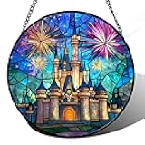 HWRHTR Stained Glass Window Hanging Castle in The Blue Night Sky Fireworks Large 11.8