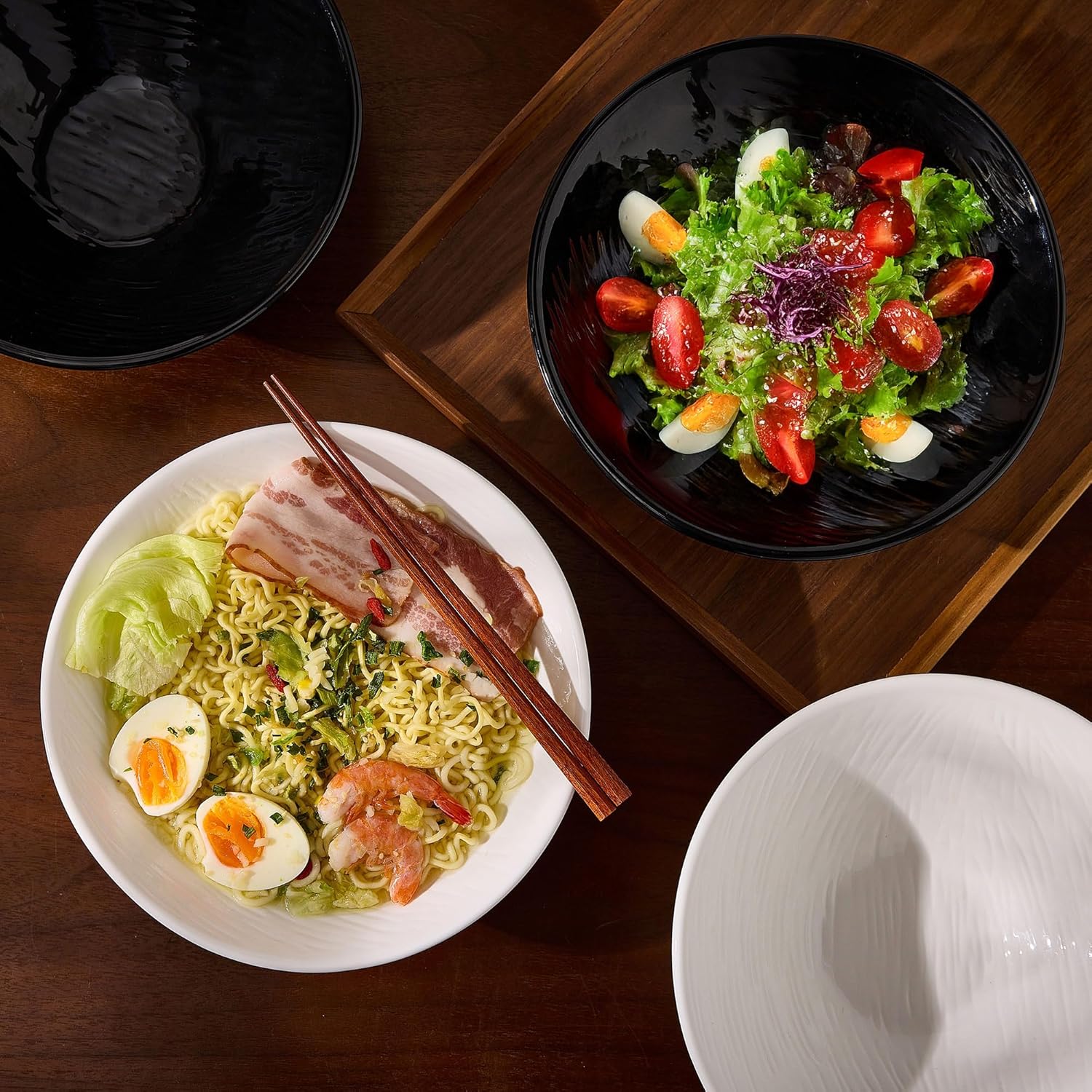 BICETTO Premium Porcelain Ramen Bowl Set 52oz, 8.5inch - Durable & Stylish - Perfect for Ramen, Pho, Soup, Salad, and Noodles - Microwave & Dishwasher Safe - Elegant, Lightweight, Ebony Grace
