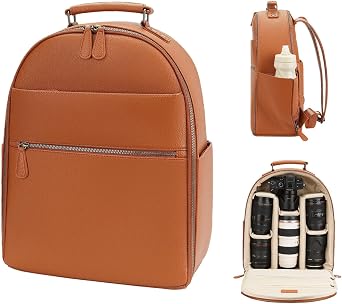 Camera Backpack Classic PU Leather with 15 Inch Laptop Compartment, Professional Camera Bag for Photographers for DSLR Large 20L