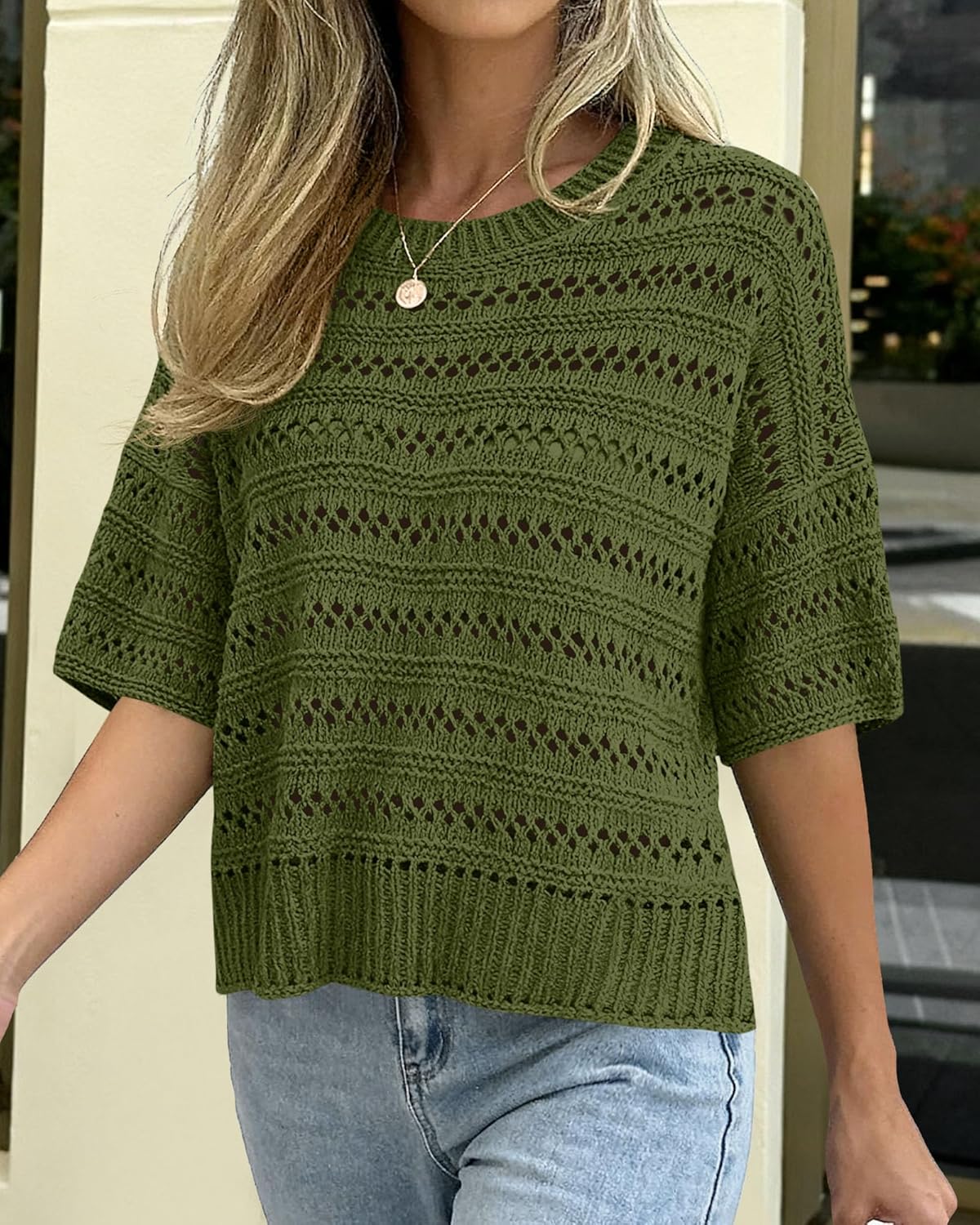 KIRUNDO Short Sleeve Sweater for Women Oversized Summer Crochet Tops Knit Pullover Beach Cover Up Cruise Vacation Outfits - Image 5