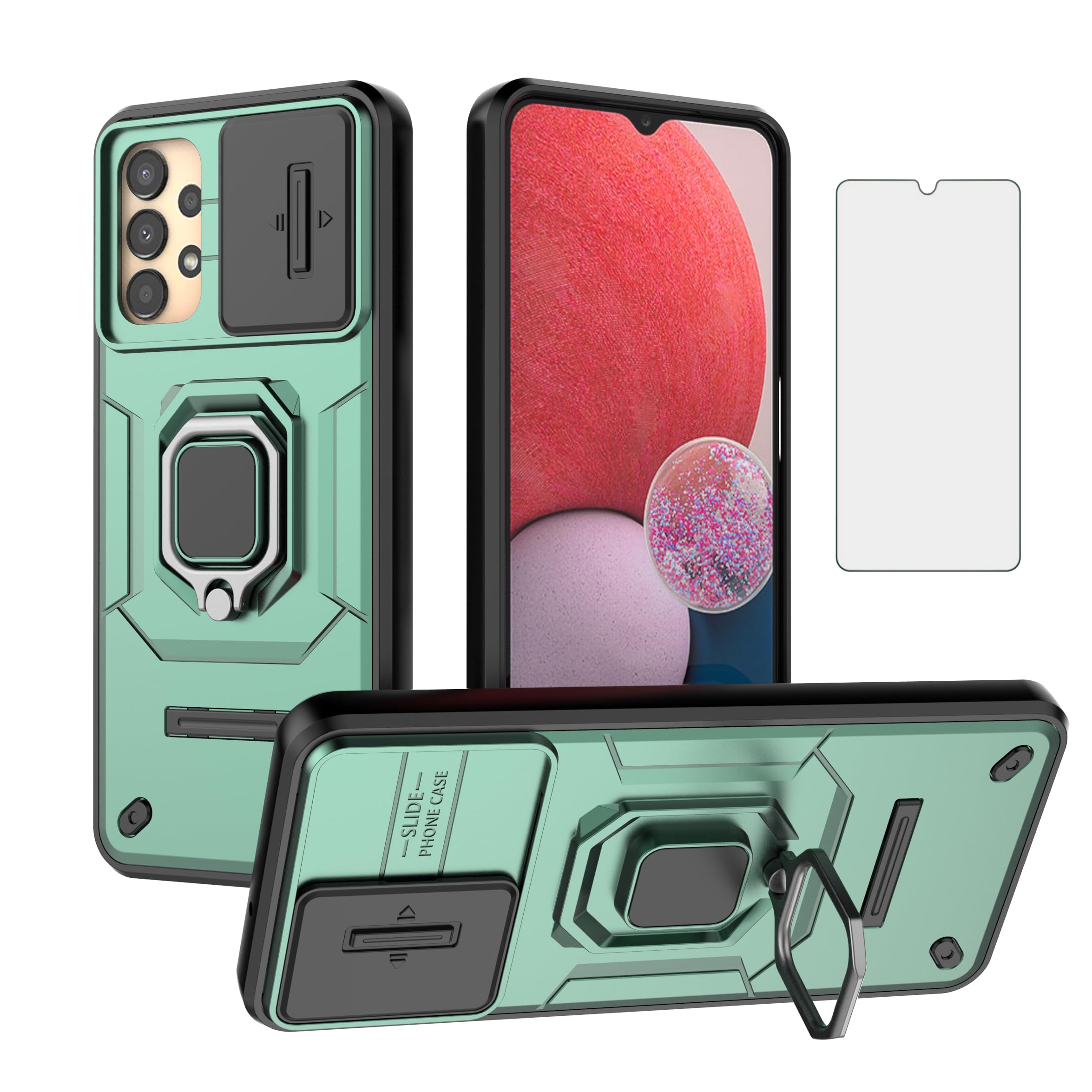 Asuwish Phone Case for Samsung Galaxy A13 4G/5G with Slide Camera Cover Tempered Glass Screen Protector Ring Holder Stand Rugged Slim Protective Cell